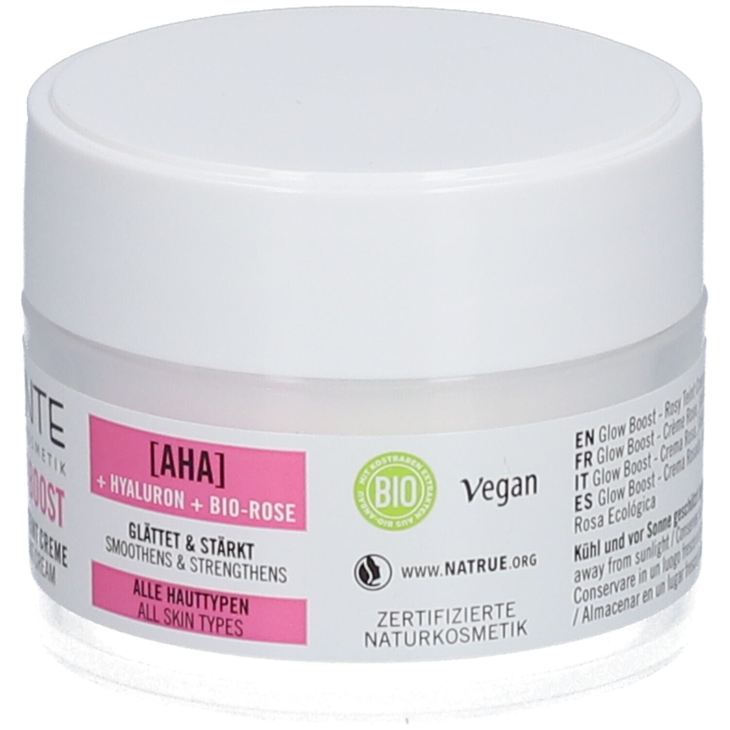 Crèmepot met witte deksel en etiket. Tekst: SANTE, GLOW BOOST, ROSIGER TEINT CREME. Bevat AHA, Hyaluron, Bio-Roos. Vegan.