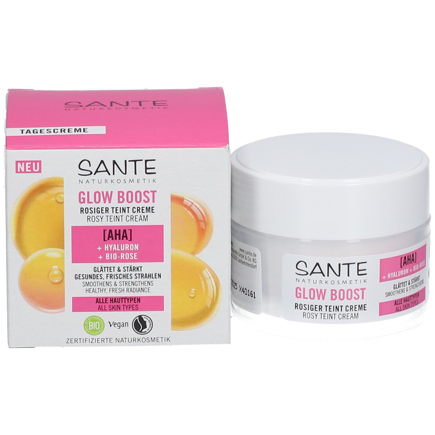 Crèmepot en verpakking. Tekst: SANTE, GLOW BOOST, ROSIGER TEINT CREME. Bevat AHA, Hyaluron, Bio-Roos. Dagcrème.