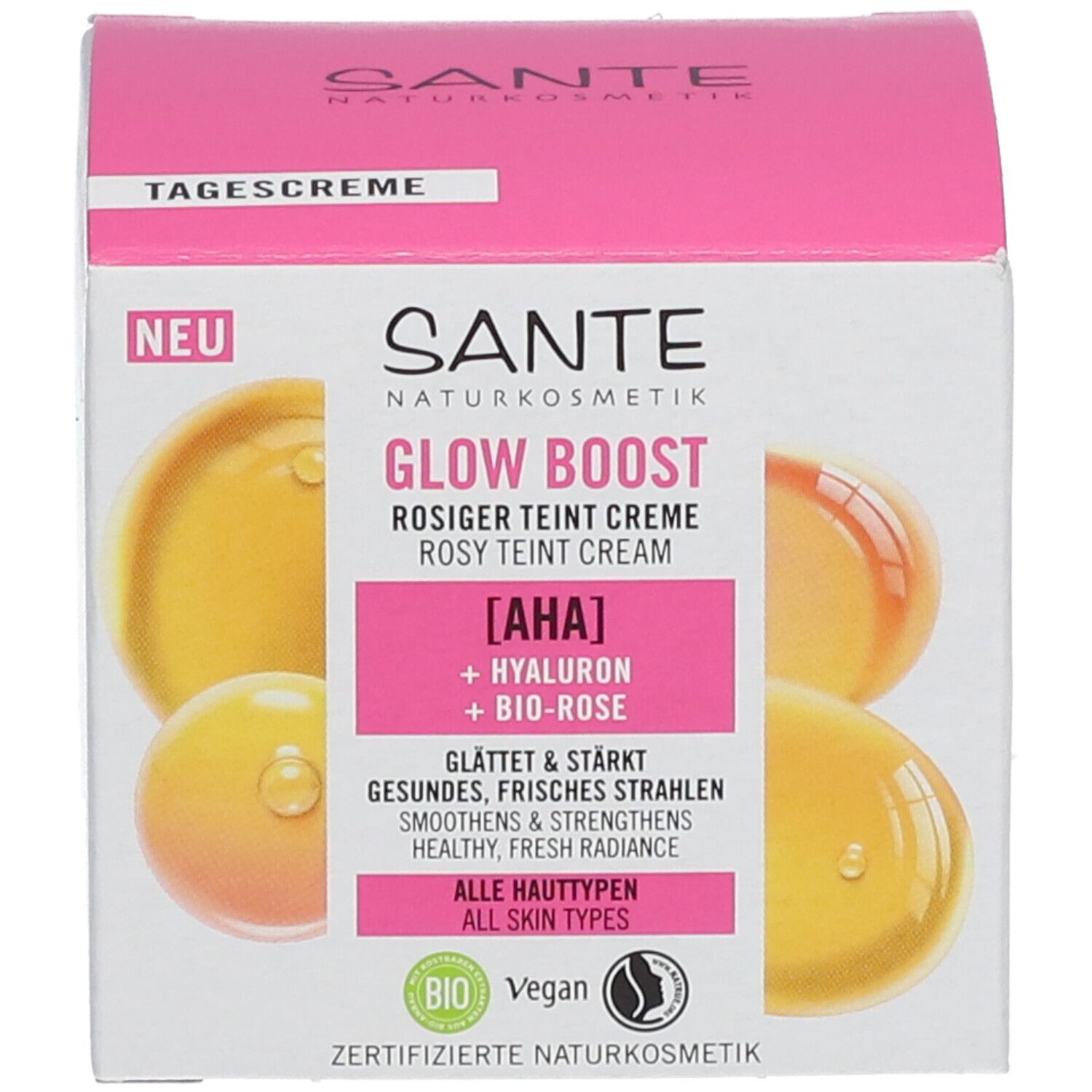 Verpakking met tekst: SANTE, GLOW BOOST, ROSIGER TEINT CREME. Bevat AHA, Hyaluron, Bio-Roos. Dagcrème. Met afbeeldingen.