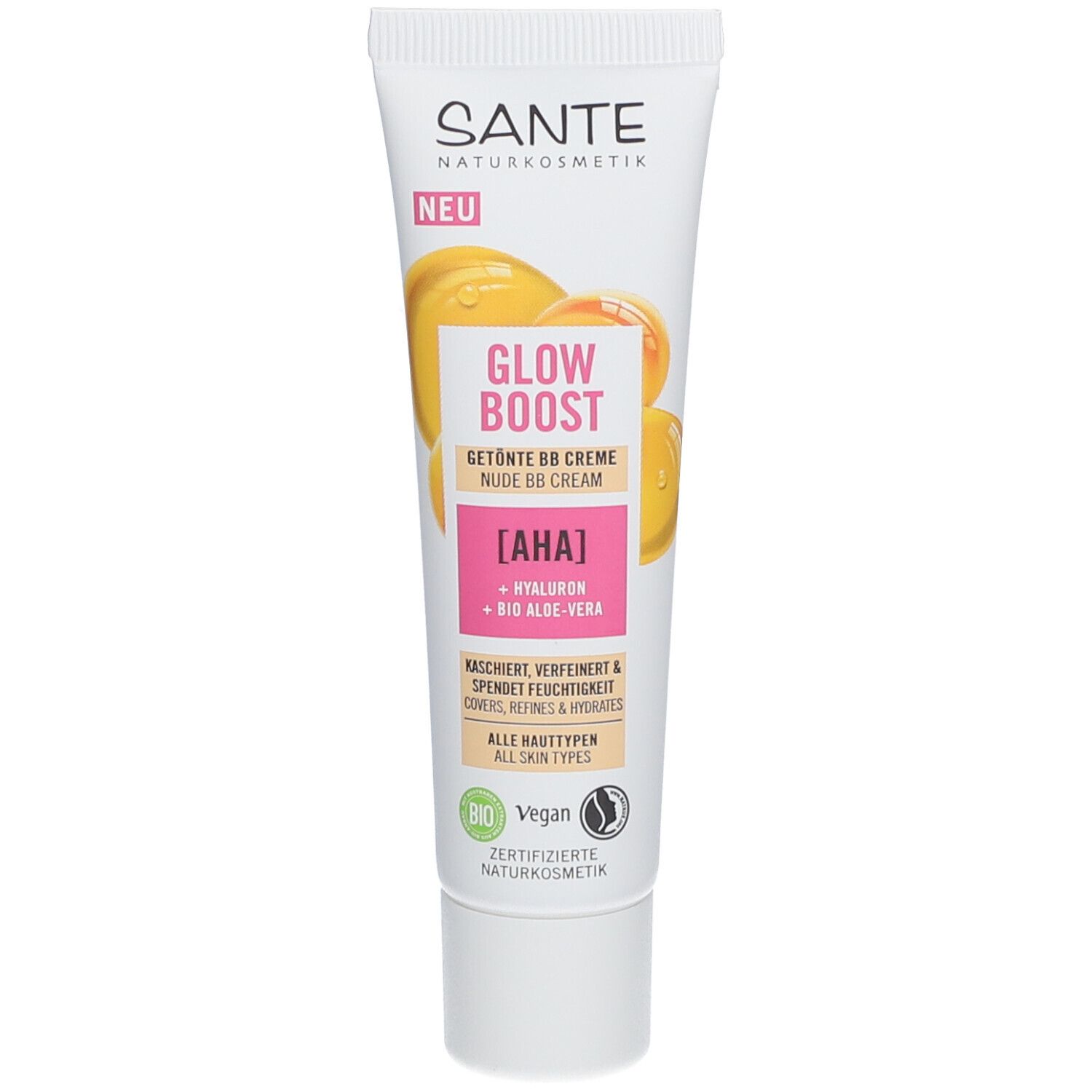 Witte tube SANTE GLOW BOOST. BB crème met AHA, hyaluronzuur en bio-aloë vera. Vegan. Voor alle huidtypen.