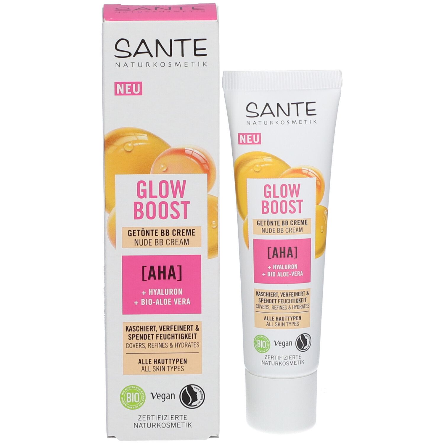 Verpakking en tube SANTE GLOW BOOST BB Crème. AHA, hyaluronzuur en bio-aloë vera. Vegan. Gecertificeerde natuurlijke cosmetica.