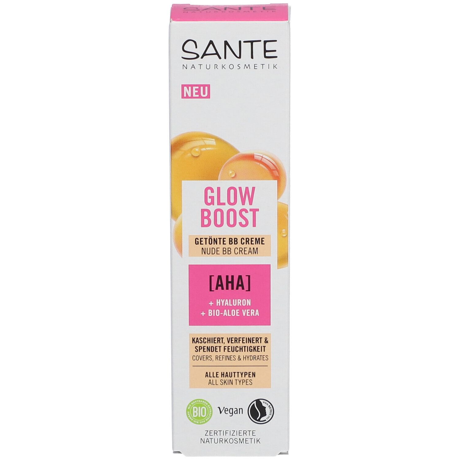 Verpakking SANTE GLOW BOOST BB Crème. AHA, hyaluronzuur en bio-aloë vera. Vegan. Gecertificeerde natuurlijke cosmetica.