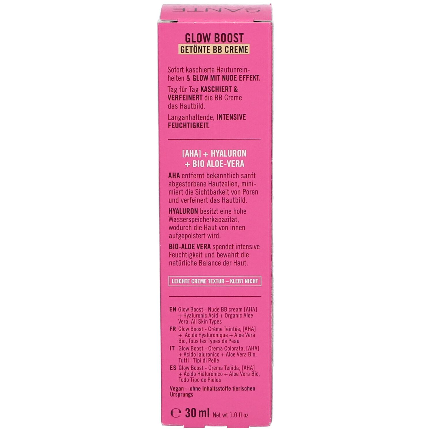Zijkant van de verpakking. SANTE GLOW BOOST BB Crème. Ingrediënten, gebruik, voordelen. 30 ml. Vegan.