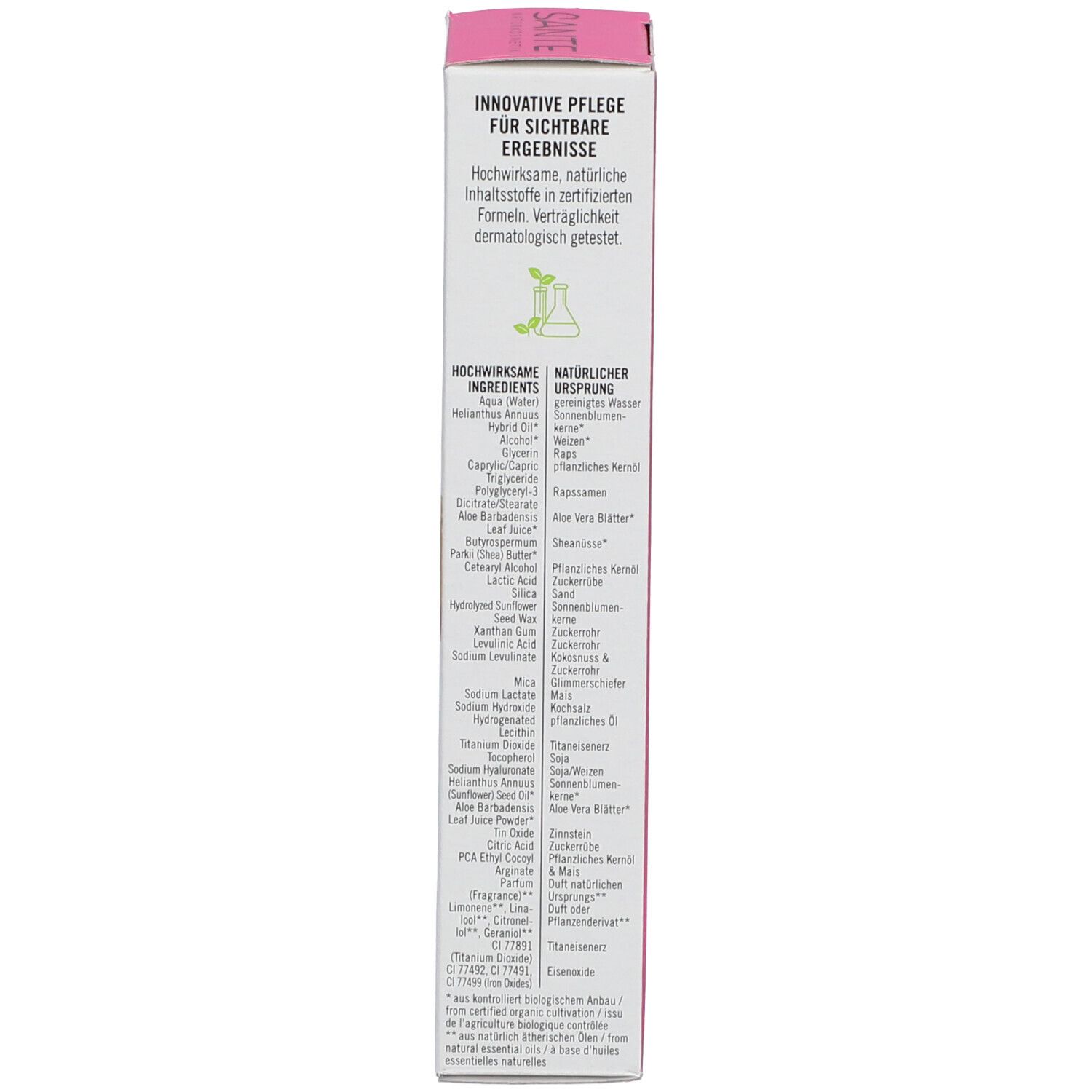Zijkant van de verpakking. Lijst van ingrediënten. Gecertificeerde natuurlijke cosmetica. Herkomst van ingrediënten.