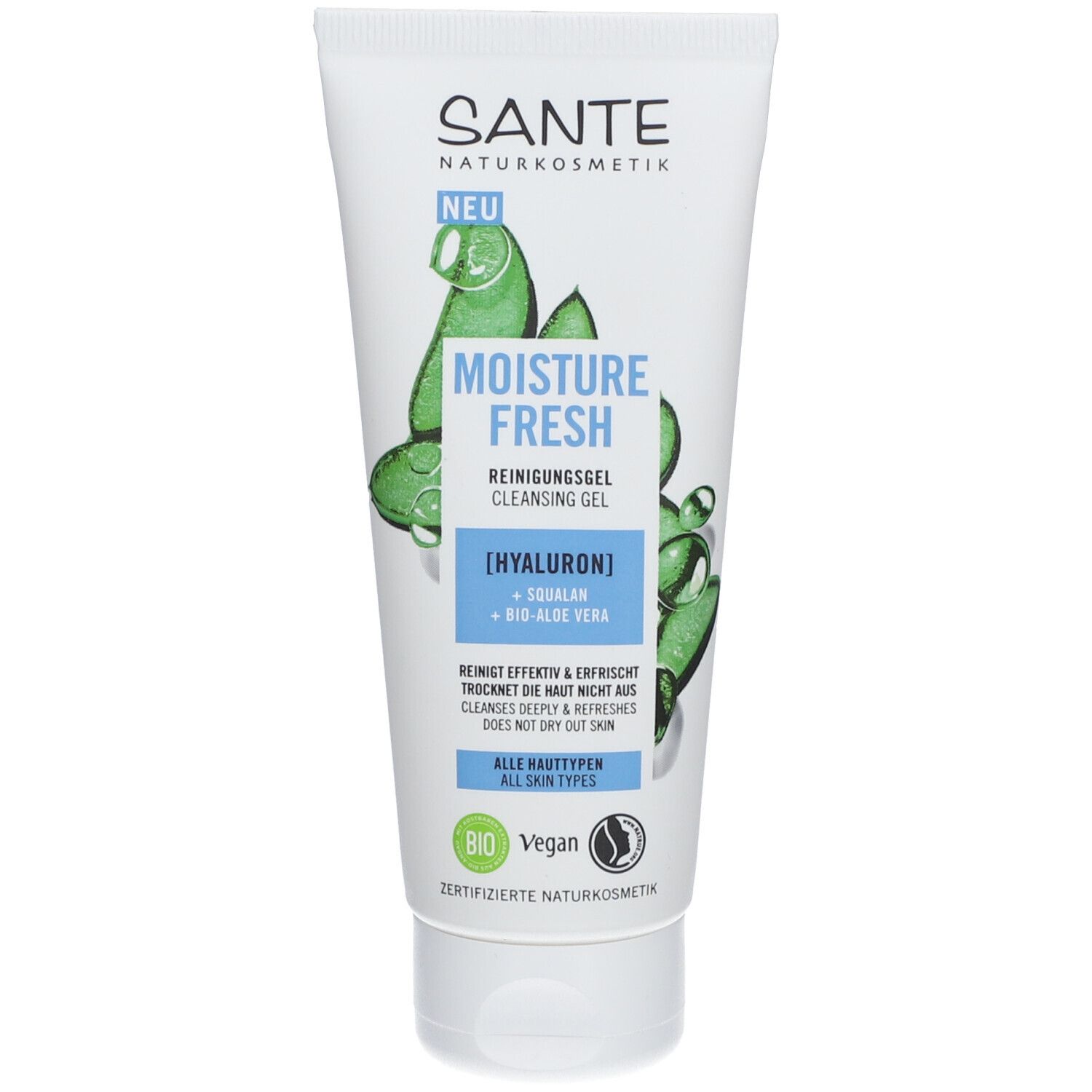 Witte tube met SANTE-logo en "MOISTURE FRESH Reinigungsgel". Bevat Hyaluron, Squalane en Bio-Aloe Vera. Vegan.