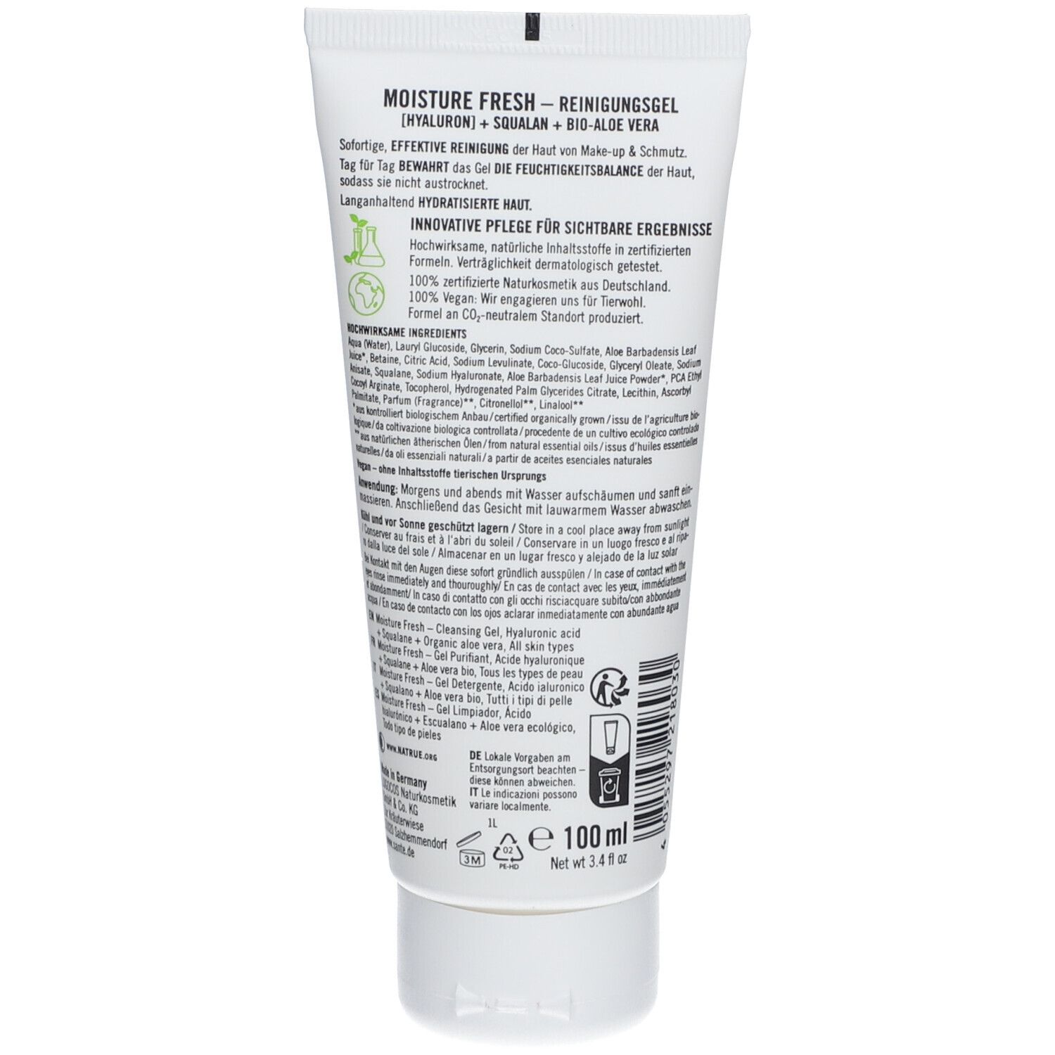 Achterkant van de witte tube met tekst. Bevat ingrediënten, instructies en certificeringen. 100 ml.