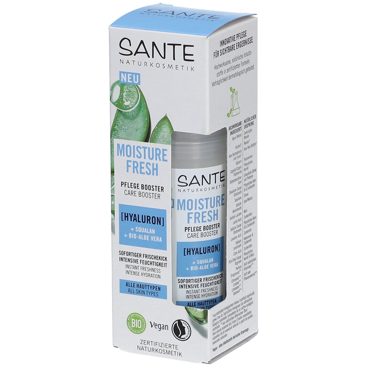 SANTE MOISTURE FRESH Pflege Booster. Flacon dans emballage. Contient Hyaluron, Squalane et Bio-Aloe Vera. Vegan. Cosmétiques naturels certifiés.