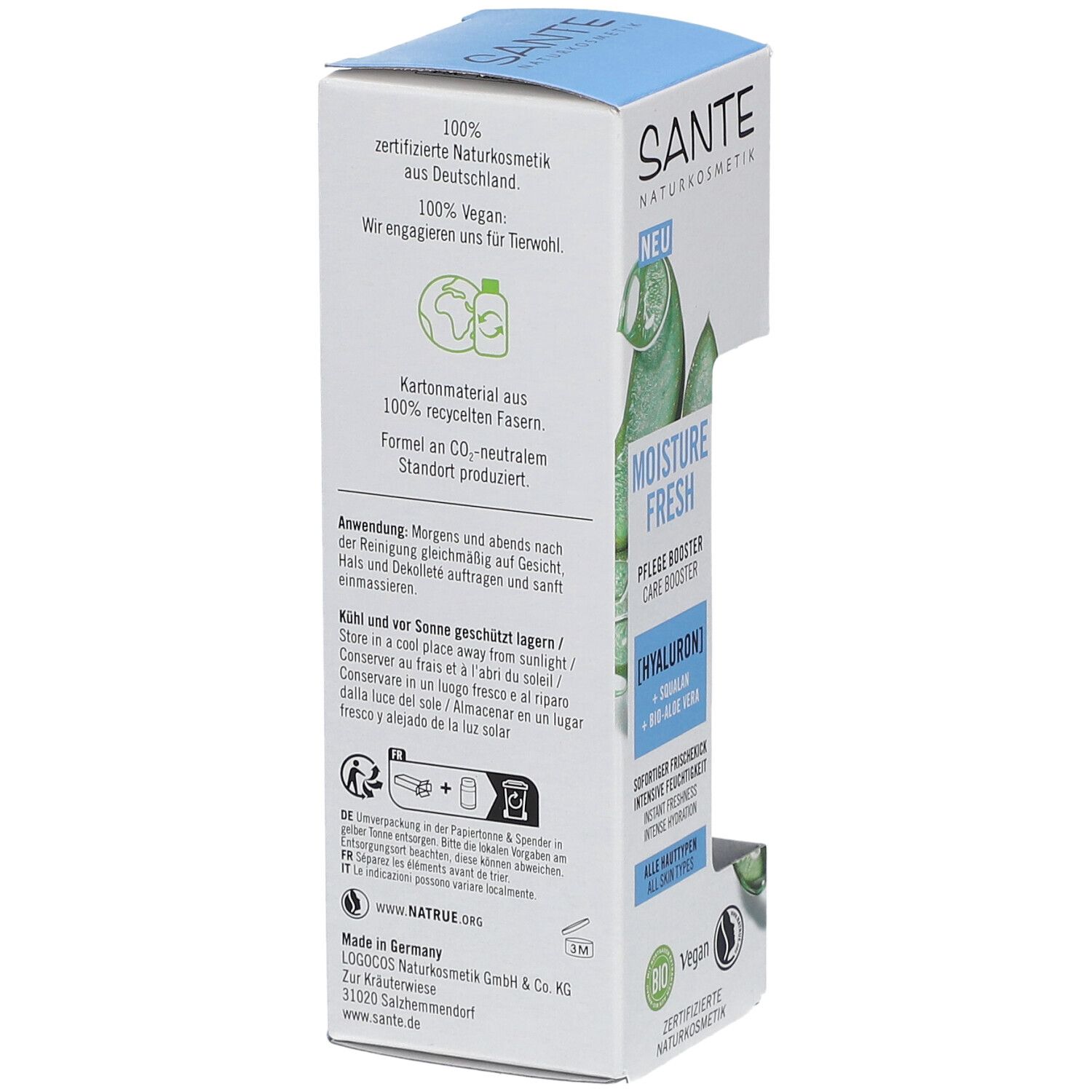 Emballage de SANTE MOISTURE FRESH Pflege Booster. Dos avec texte. Contient des informations sur les ingrédients, l'utilisation et les certifications.
