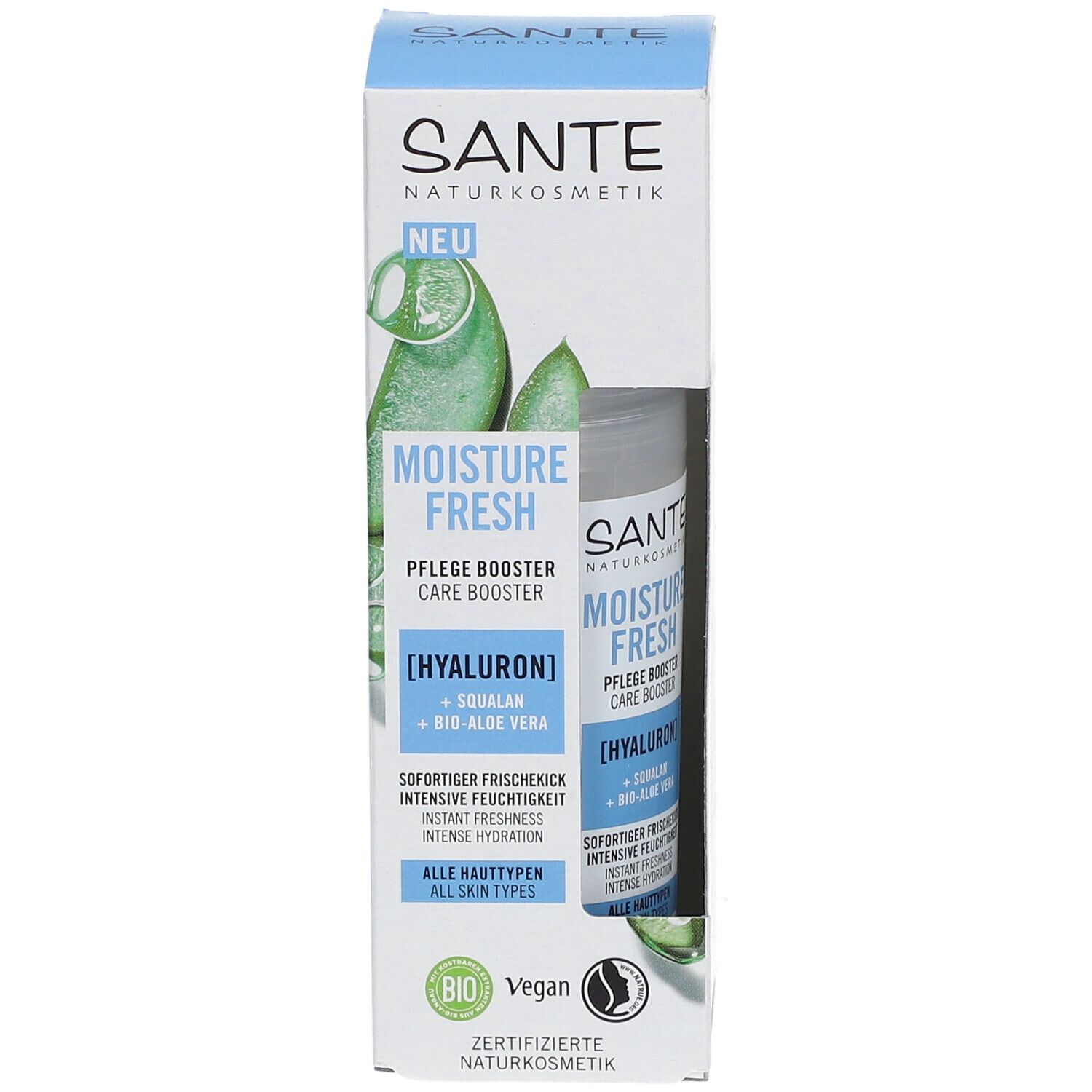 SANTE MOISTURE FRESH Pflege Booster. Flacon dans emballage. Contient Hyaluron, Squalane et Bio-Aloe Vera. Vegan. Cosmétiques naturels certifiés.