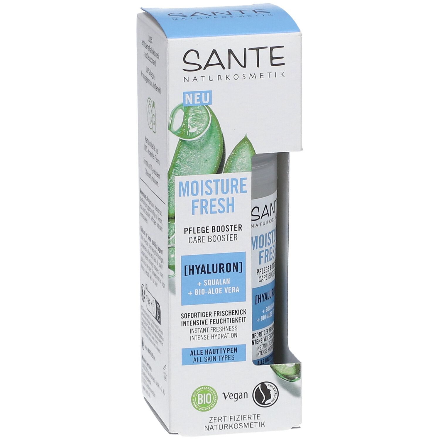 SANTE MOISTURE FRESH Pflege Booster. Flacon dans emballage. Contient Hyaluron, Squalane et Bio-Aloe Vera. Vegan. Cosmétiques naturels certifiés.