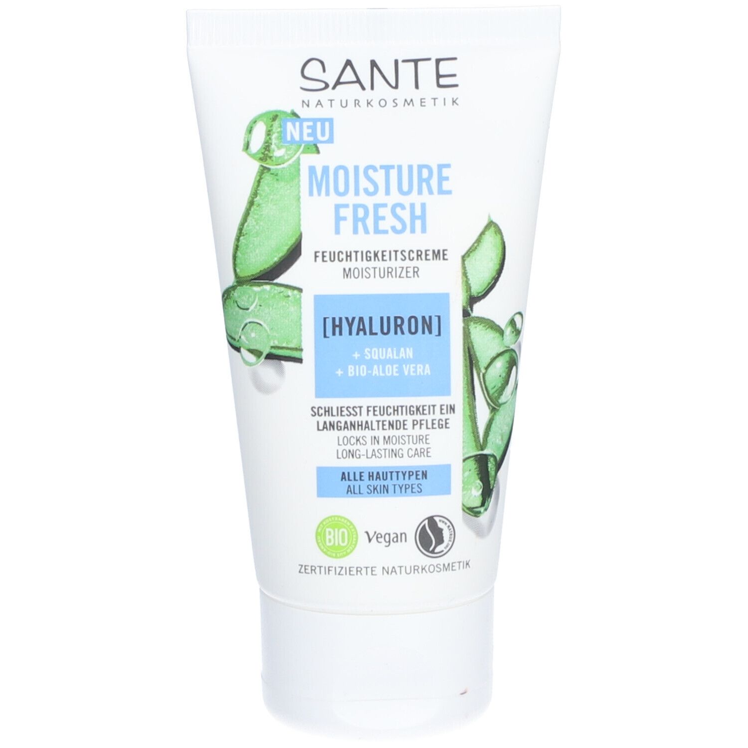 Witte tube SANTE MOISTURE FRESH. Illustraties van aloë vera. Tekst: [HYALURON] + SQUALAN + BIO-ALOE VERA. Vegan-zegel.