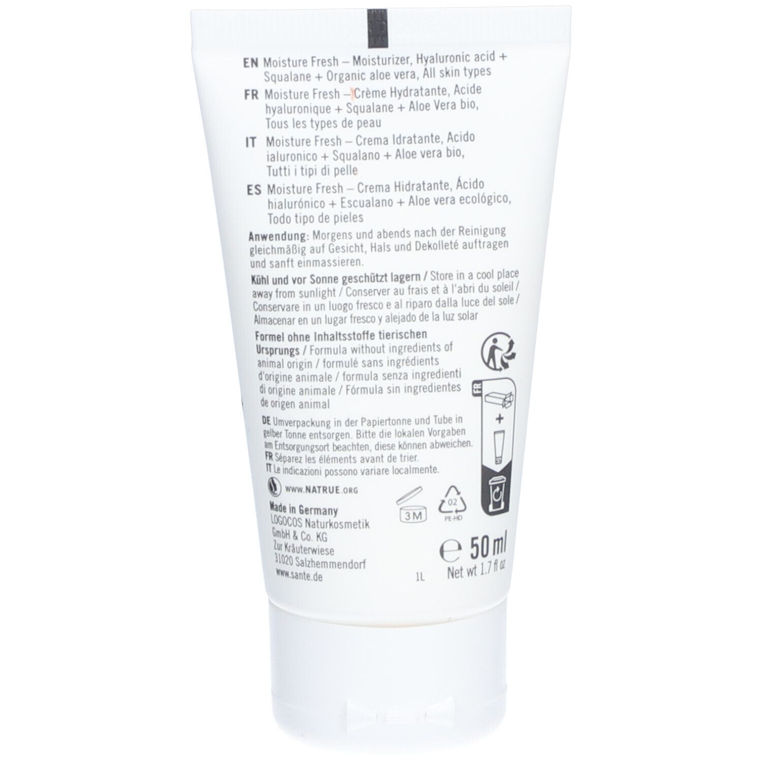 Achterkant van de witte tube SANTE MOISTURE FRESH. Meertalige tekst. Ingrediënten, gebruiksaanwijzing, recyclingsymbolen, 50 ml.