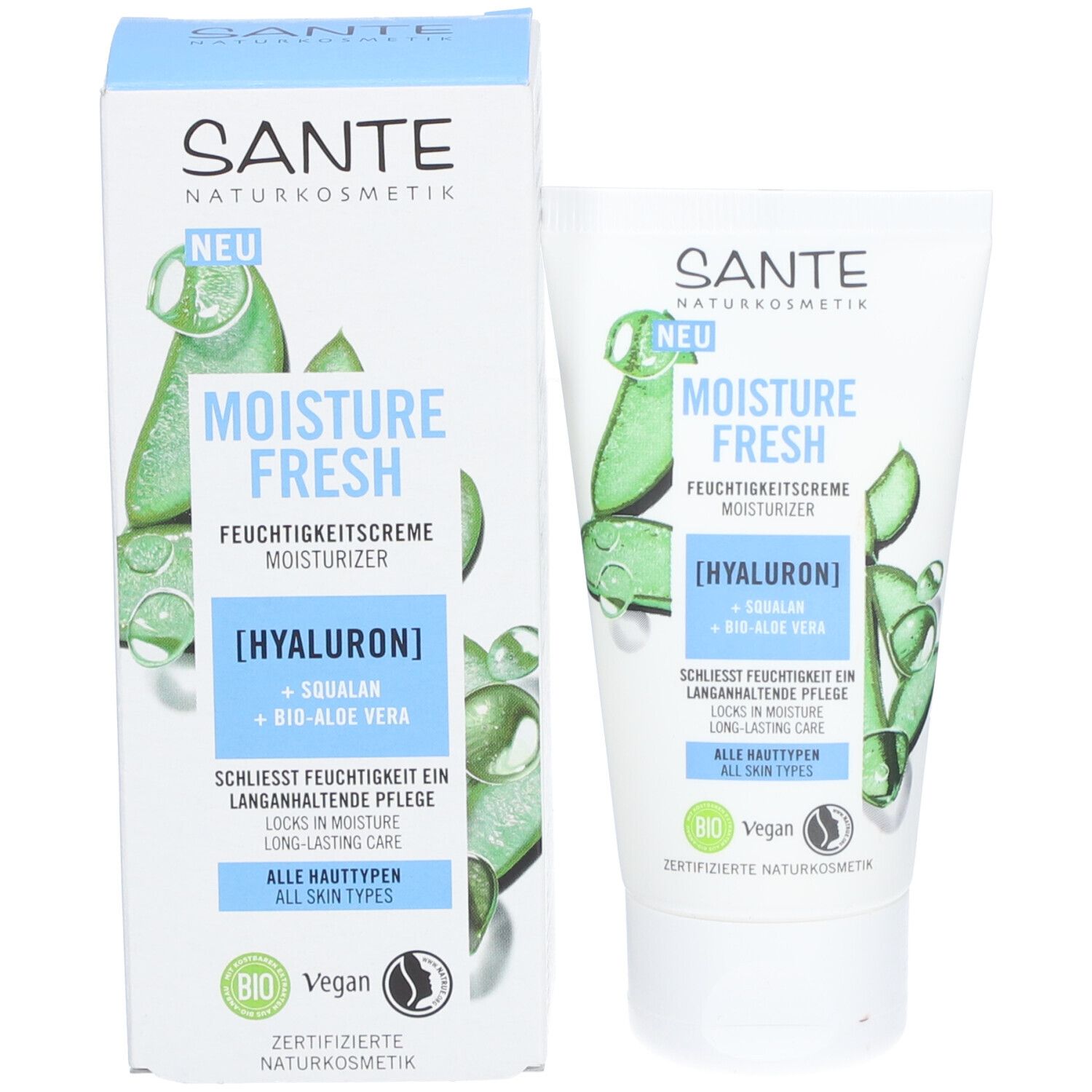 SANTE MOISTURE FRESH, tube en doos. Illustraties van aloë vera. Tekst: [HYALURON] + SQUALAN + BIO-ALOE VERA. Vegan-zegel.