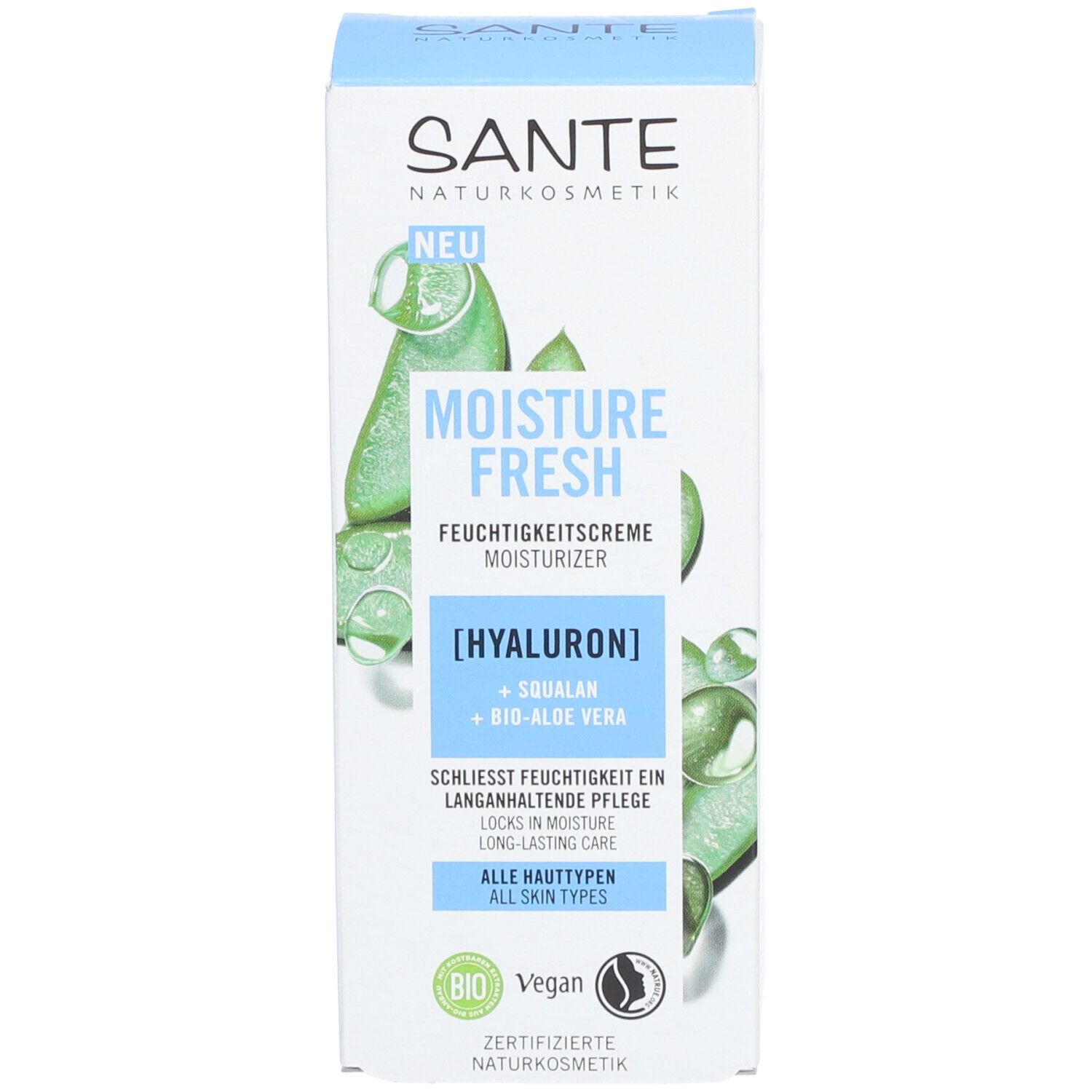 Doos SANTE MOISTURE FRESH. Illustraties van aloë vera. Tekst: [HYALURON] + SQUALAN + BIO-ALOE VERA. Vegan-zegel.