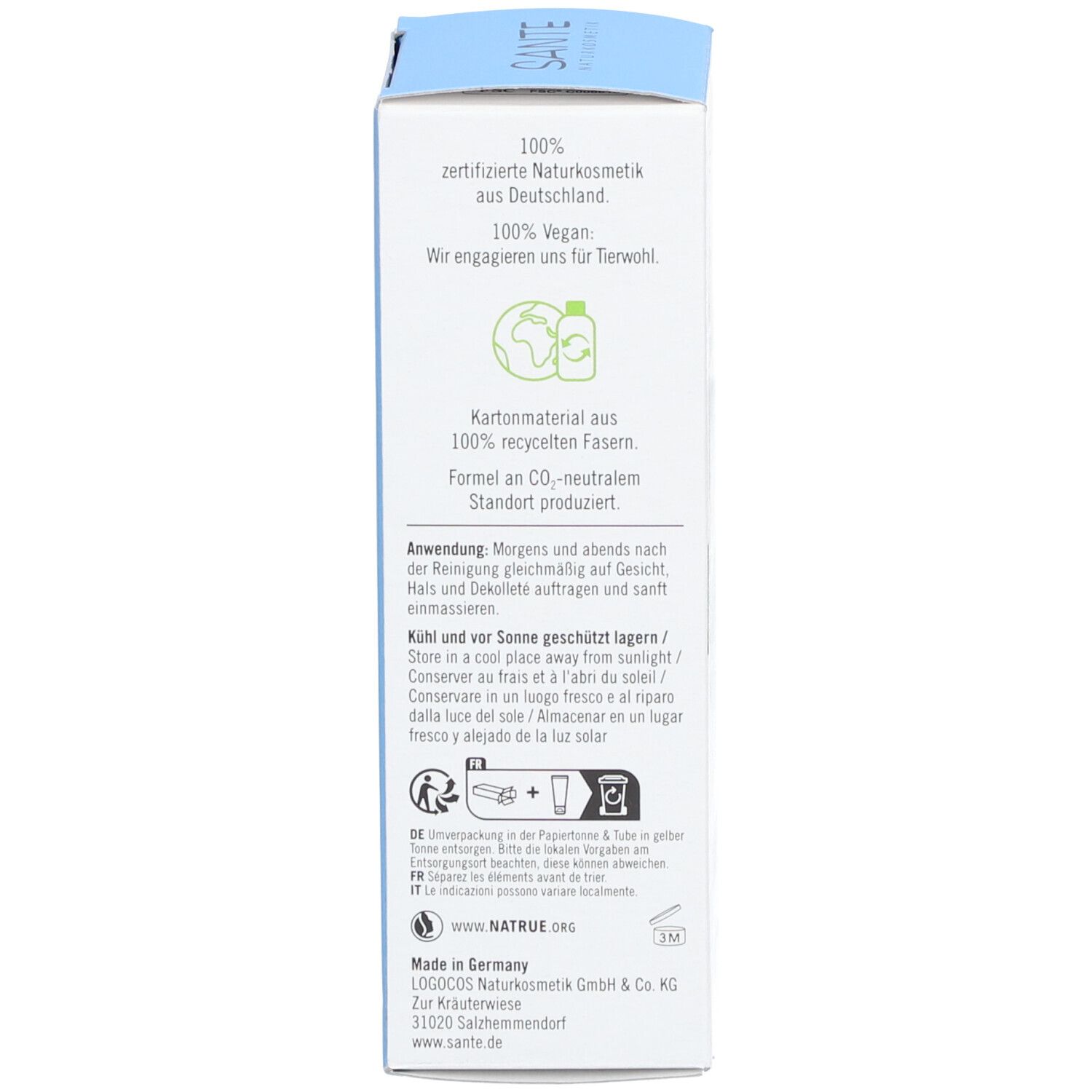 Achterkant van de doos SANTE MOISTURE FRESH. Tekst: 100% gecertificeerde natuurlijke cosmetica, vegan. Recyclinginformatie. Gebruiksaanwijzing.