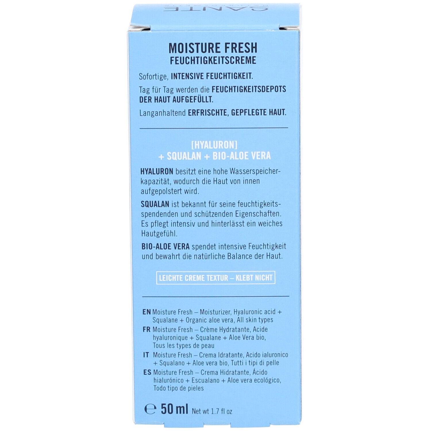 Zijkant van de doos SANTE MOISTURE FRESH. Tekst: Directe, intensieve hydratatie. [HYALURON] + SQUALAN + BIO-ALOE VERA. 50 ml.