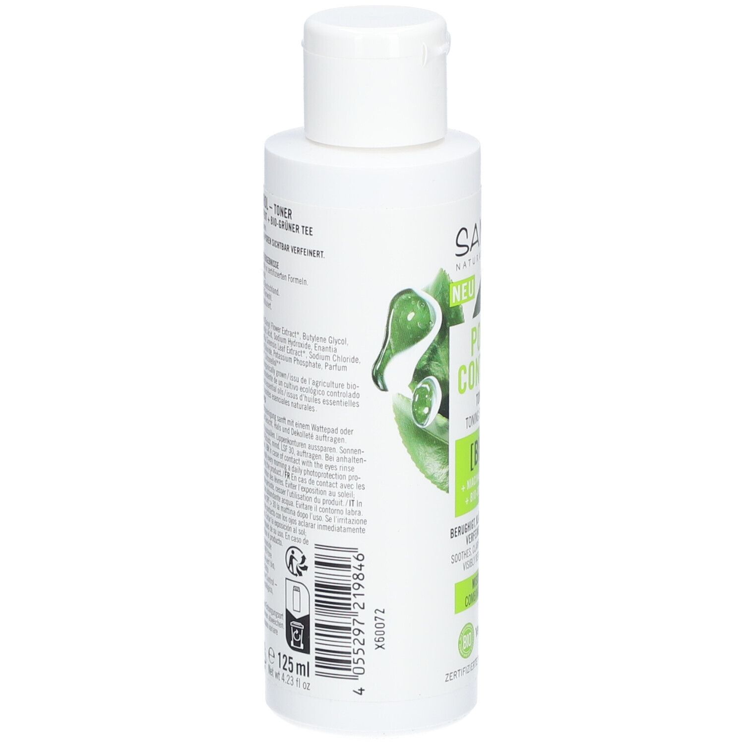 Flacon blanc, vue latérale. Étiquette avec texte et ingrédients. Labels vegan et bio. 125 ml.