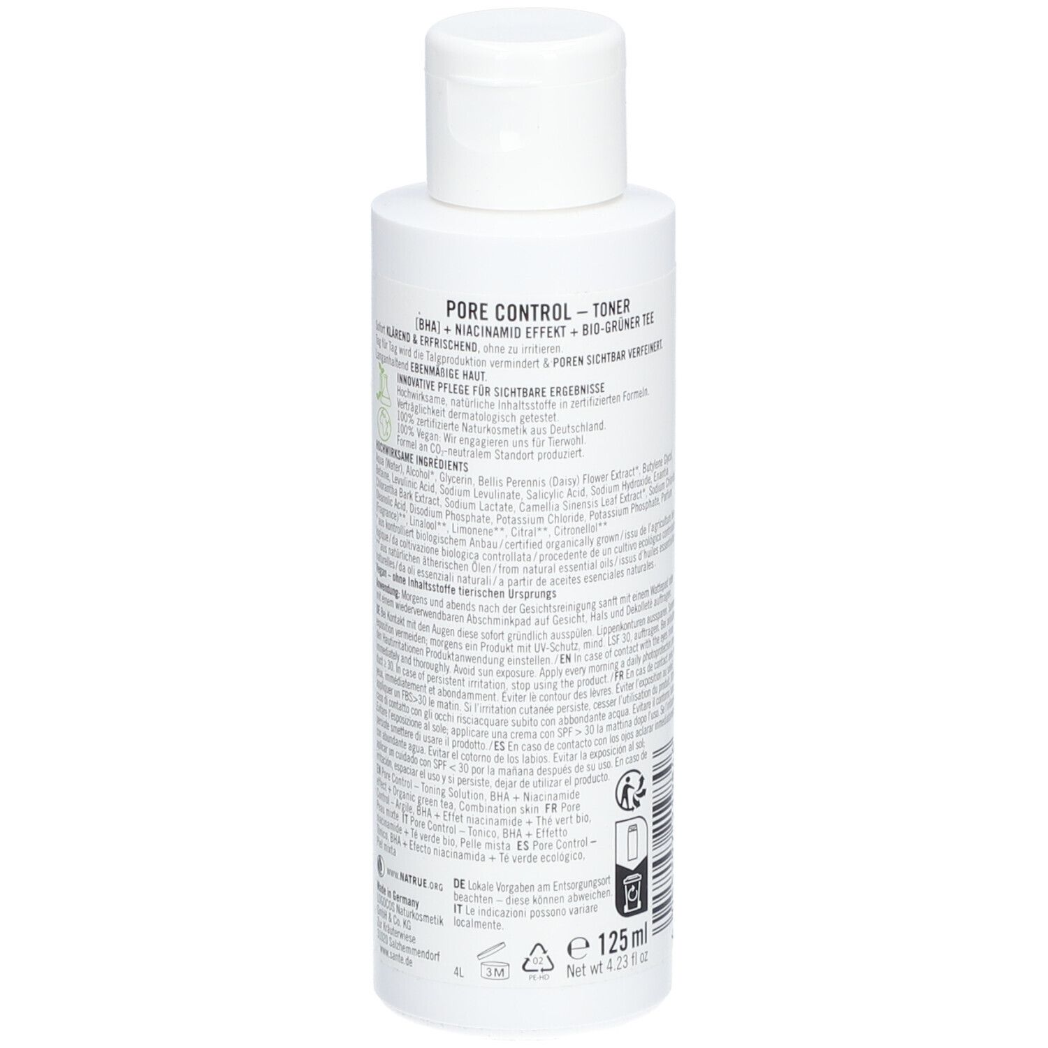 Flacon blanc, vue arrière. Étiquette avec texte et ingrédients. Labels vegan et bio. 125 ml.