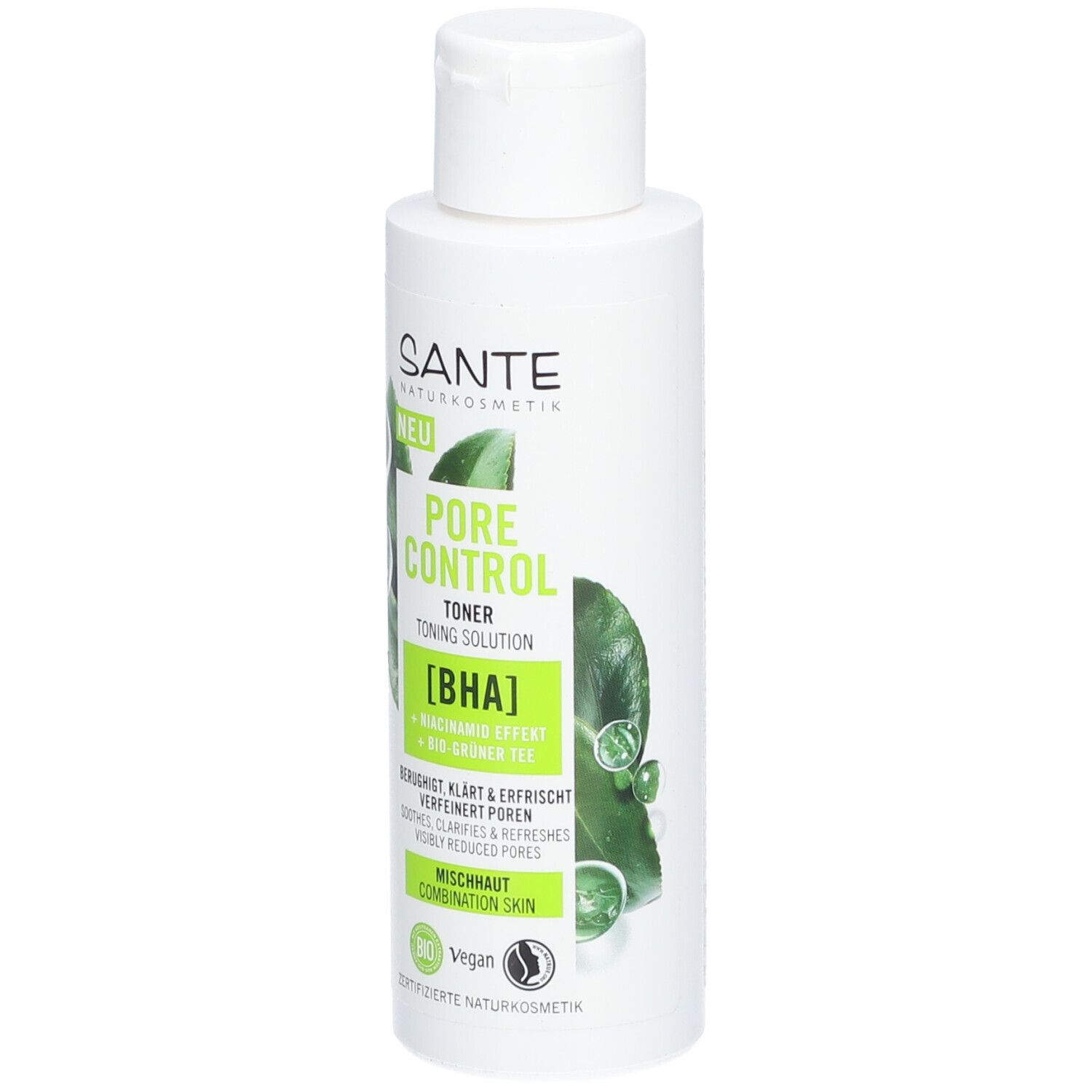 Flacon blanc avec étiquette verte. Texte: SANTE, PORE CONTROL TONER [BHA]. Vegan, label bio. Peau mixte.