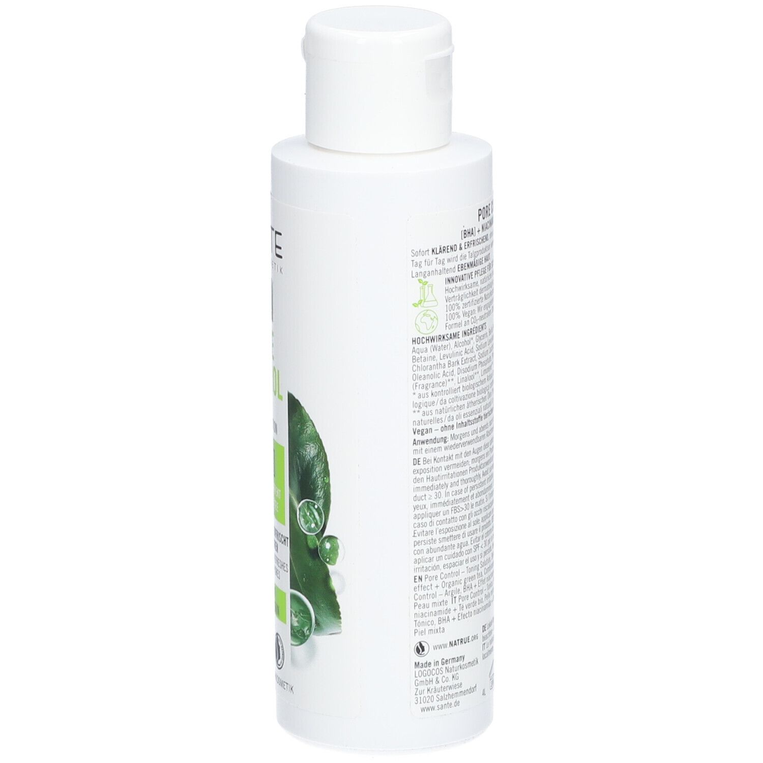 Flacon blanc, vue latérale. Étiquette avec texte et ingrédients. Labels vegan et bio. 125 ml.