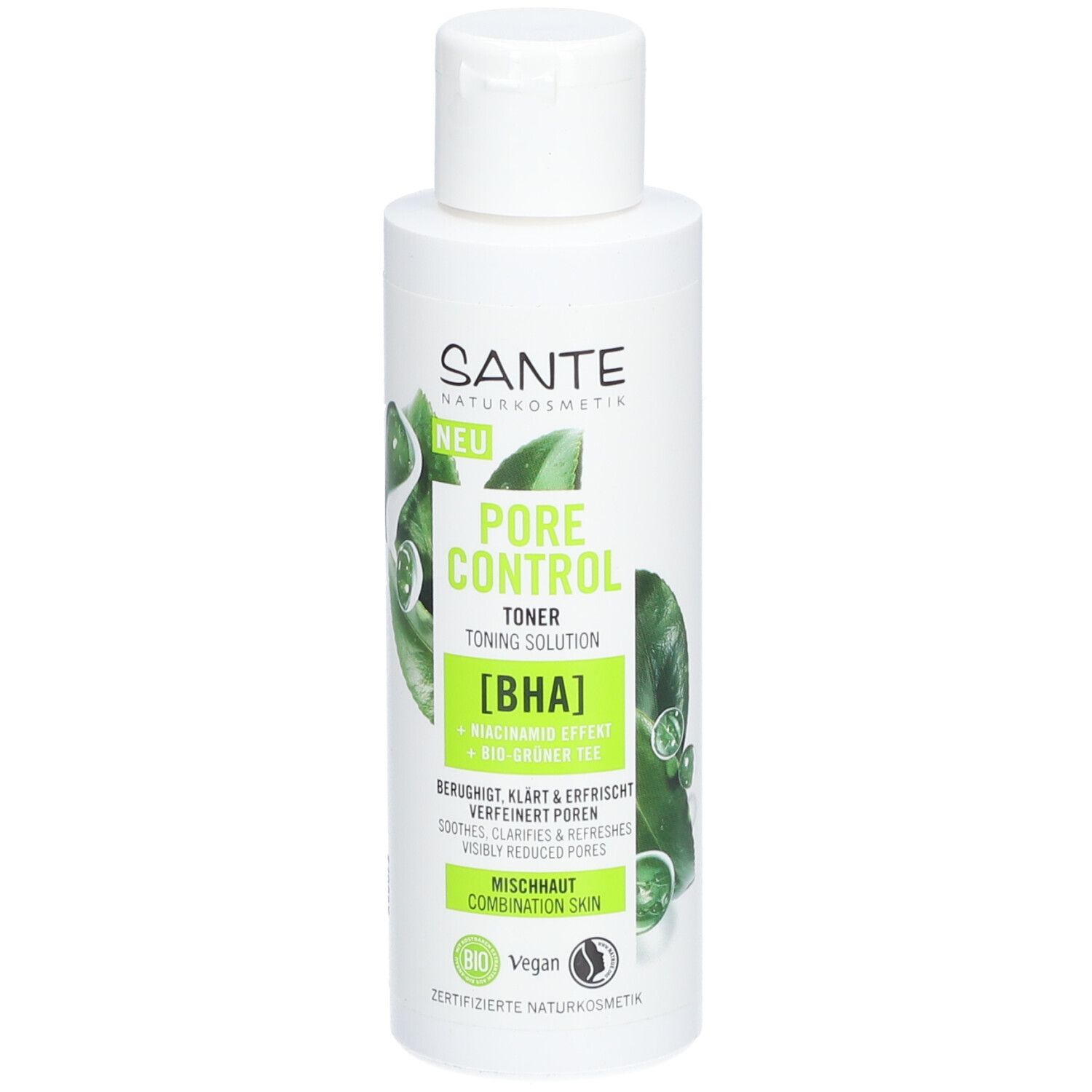 Flacon blanc avec étiquette verte. Texte: SANTE, PORE CONTROL TONER [BHA]. Vegan, label bio. Peau mixte.