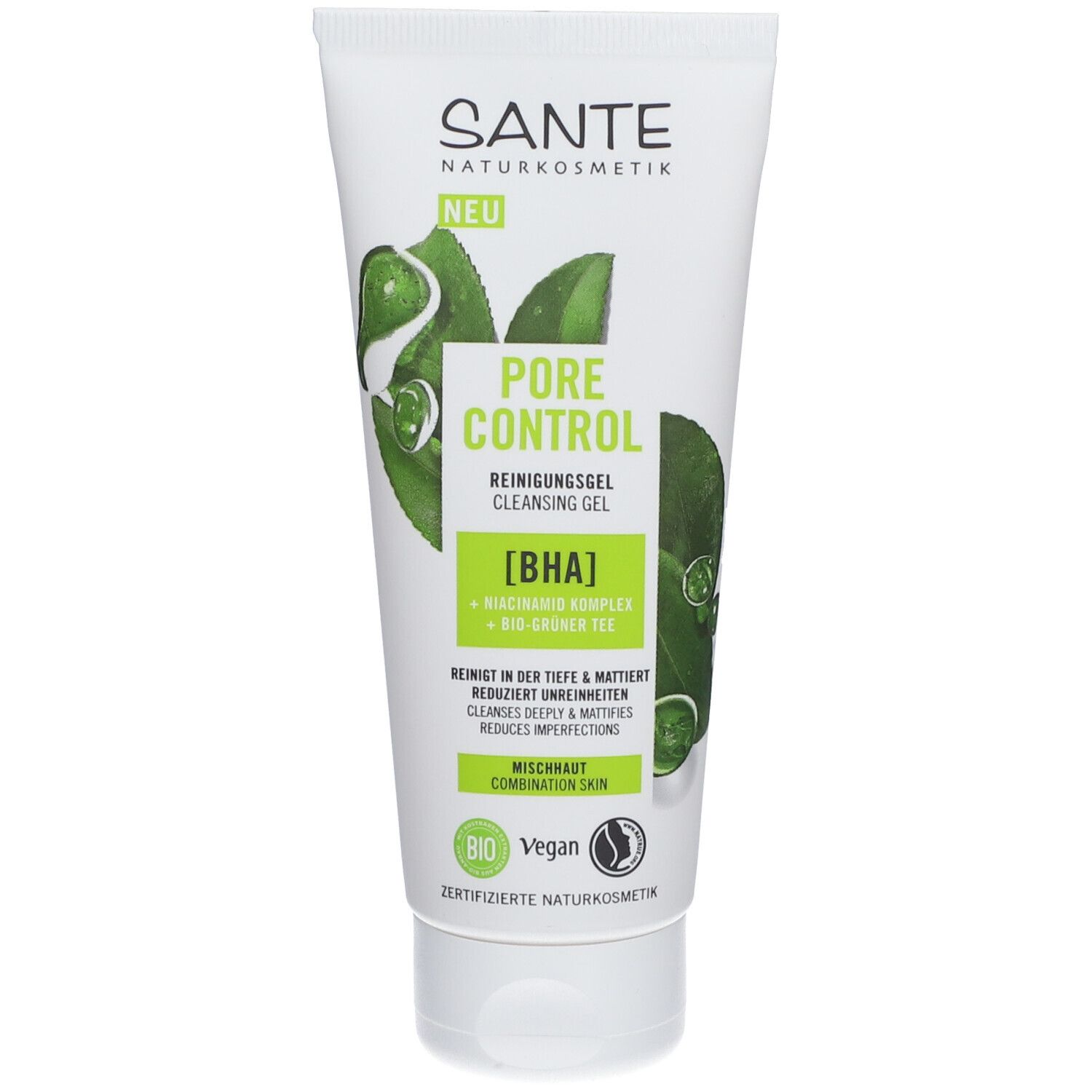 Tube blanc et vert SANTE PORE CONTROL. Texte avec nom du produit, ingrédients et certifications.
