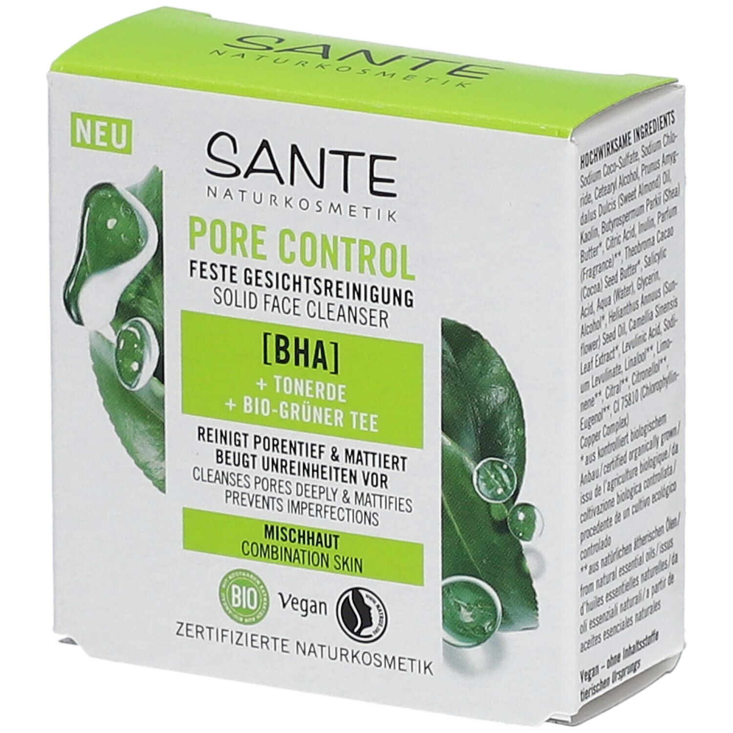 Boîte de nettoyage visage SANTE Pore Control. Emballage vert et blanc avec informations et label bio.
