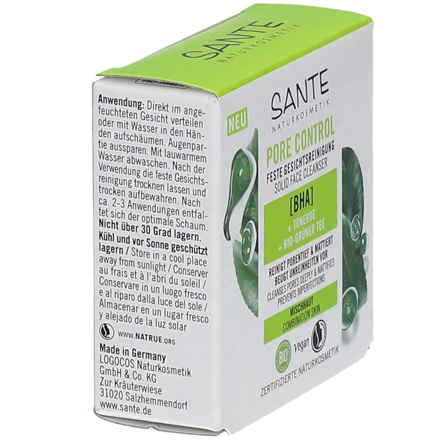 Boîte SANTE Pore Control. Dos avec instructions d'utilisation et de stockage. Fabriqué en Allemagne.