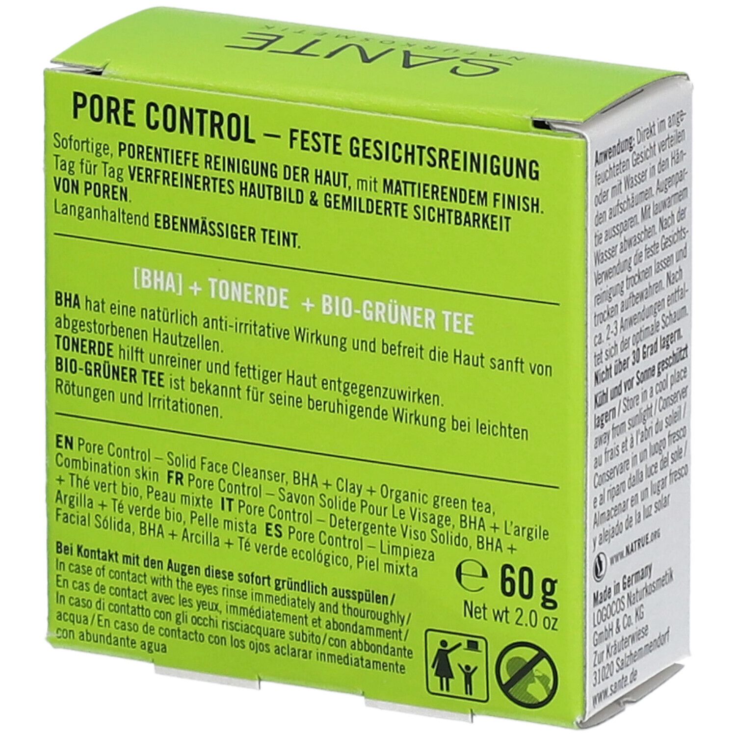 Dos de l'emballage avec informations produit. Contient BHA, argile et thé vert bio. Poids : 60g.