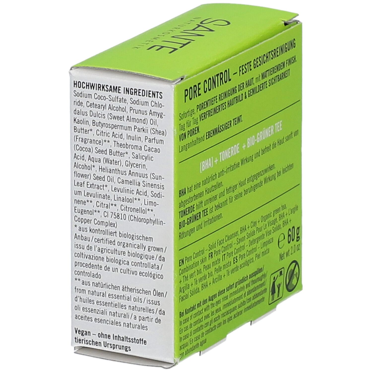 Emballage avec ingrédients du nettoyant visage. Contient Coco-sulfate, huile d'amande douce, beurre de karité, etc. Vegan.