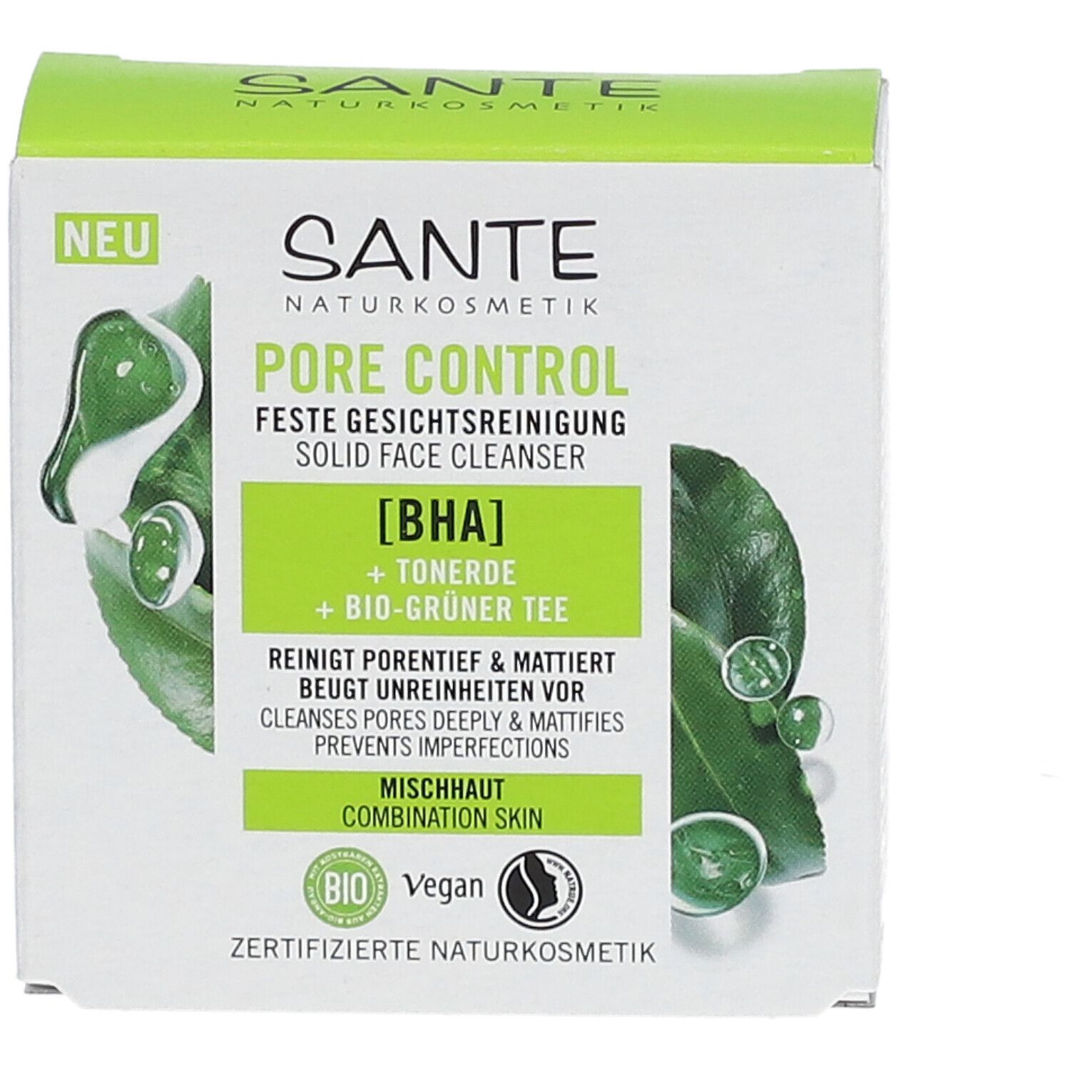 Boîte SANTE Pore Control. Emballage vert et blanc avec informations et label bio.