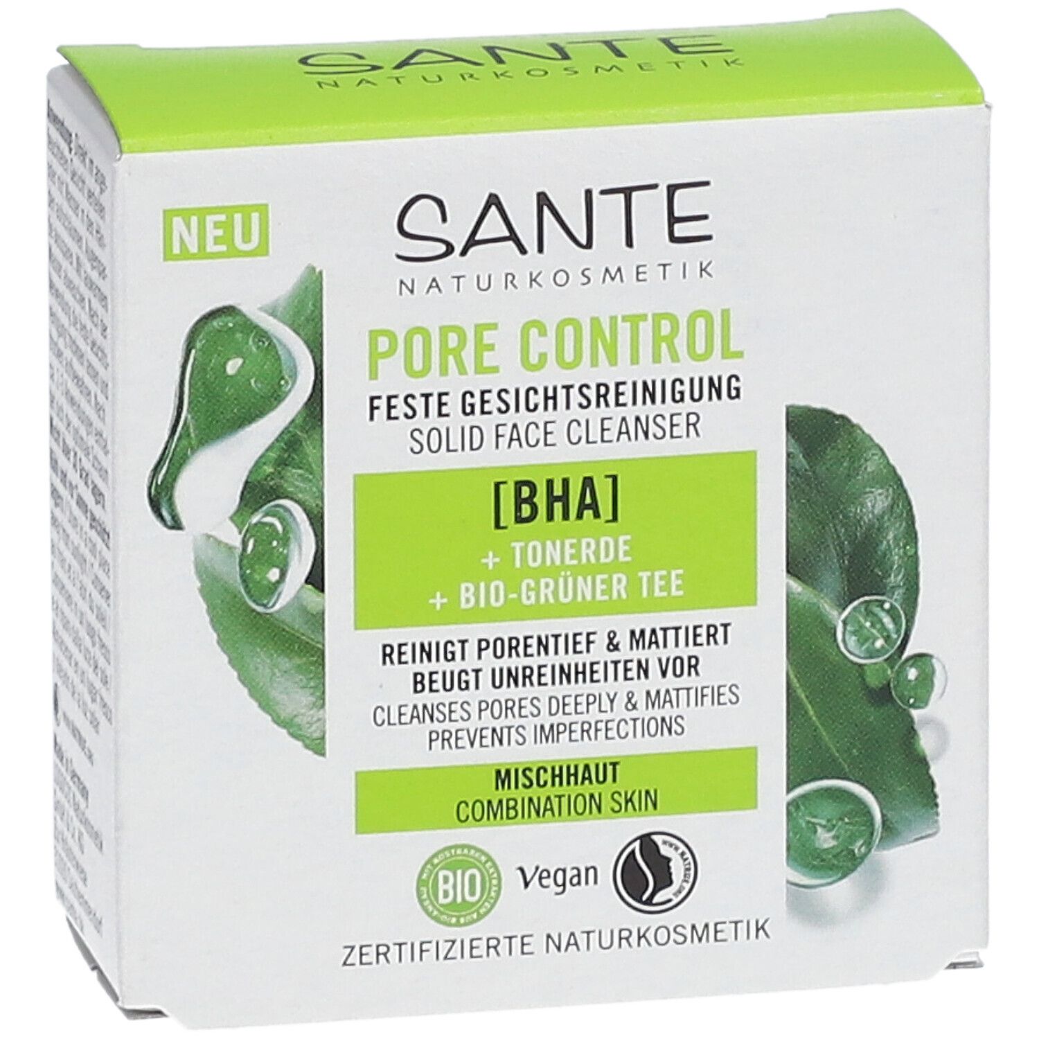 Boîte SANTE Pore Control. Emballage vert et blanc avec informations et label bio.