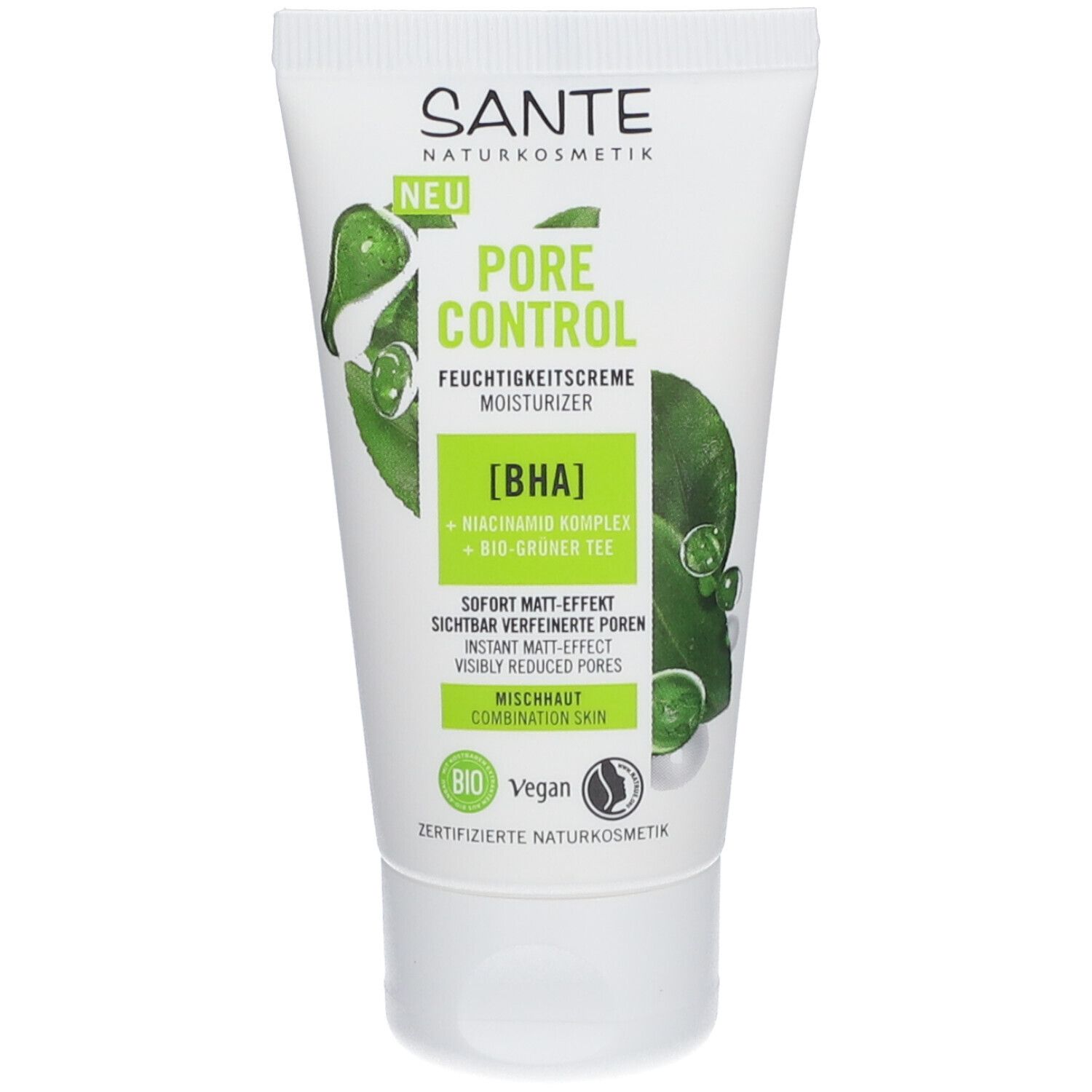 Witte tube met groene opdruk. Bevat moisturizer. Tekst: PORE CONTROL, BHA, gemengde huid. Vegan en bio-label.