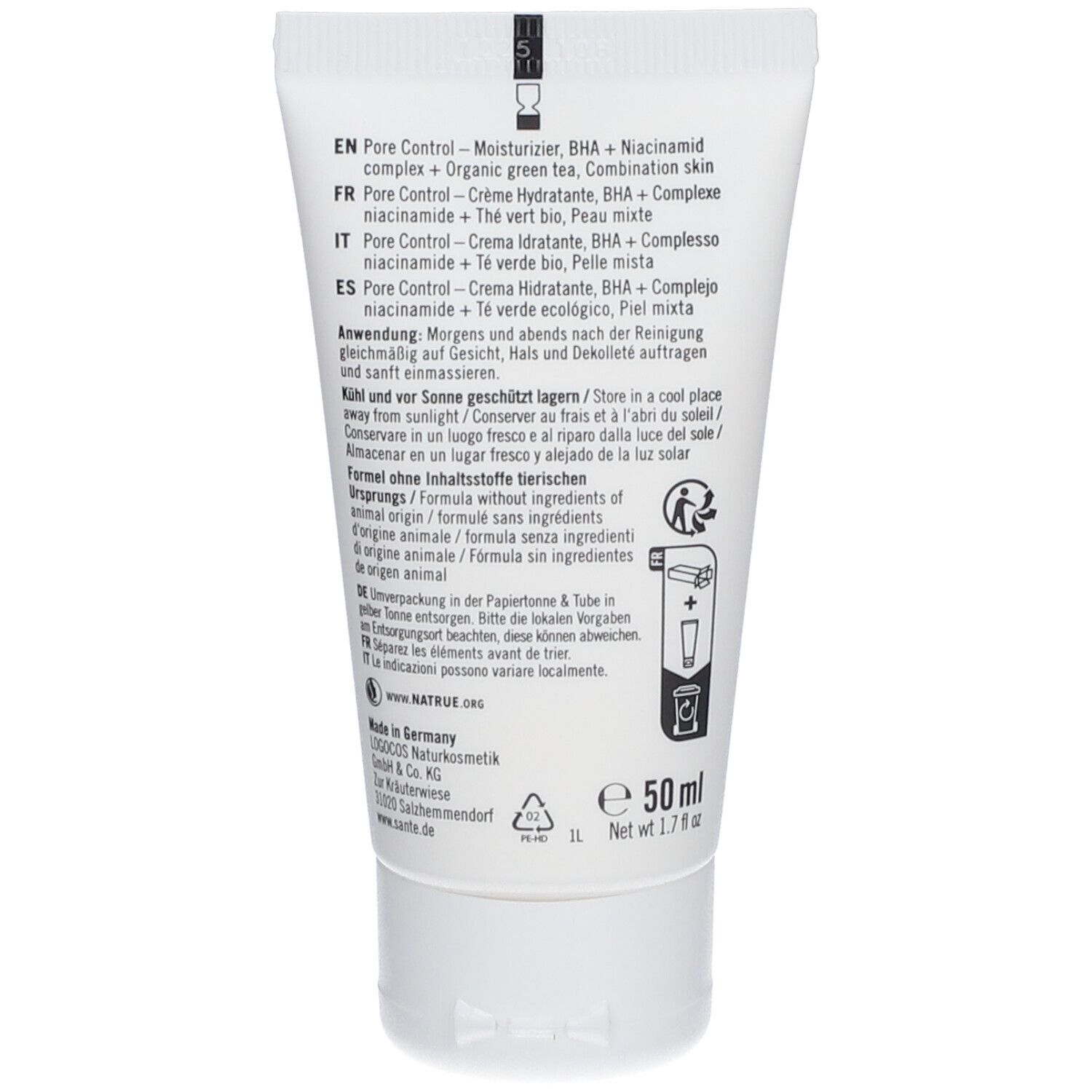 Achterkant van de tube. Meertalige tekst: gebruik, ingrediënten, opslag. 50 ml. Vegan- en recyclingsymbolen.
