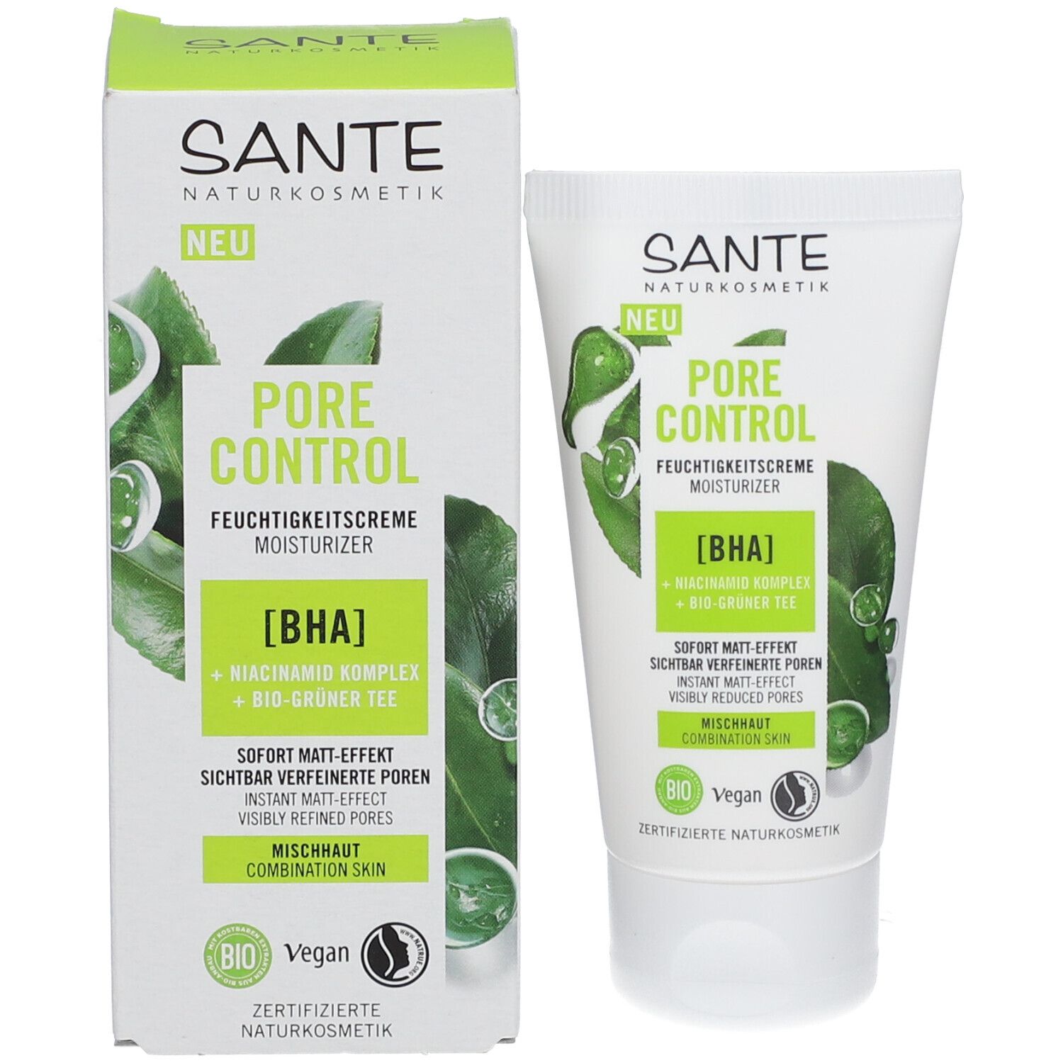 Productverpakking. Tube en doos. Tekst: PORE CONTROL, moisturizer, BHA, gemengde huid. Bio- en vegan labels.