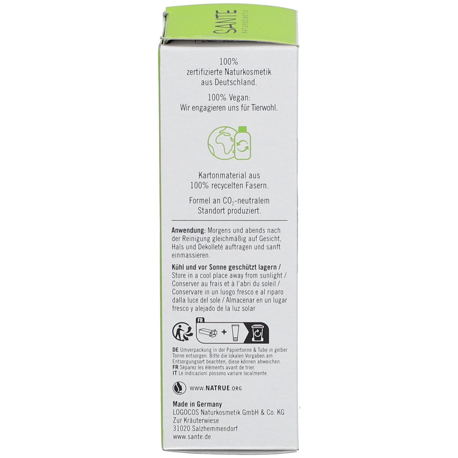 Zijkant van de doos. Tekst: 100% gecertificeerde natuurlijke cosmetica, vegan. Recycling- en milieusymbolen. Gemaakt in Duitsland.