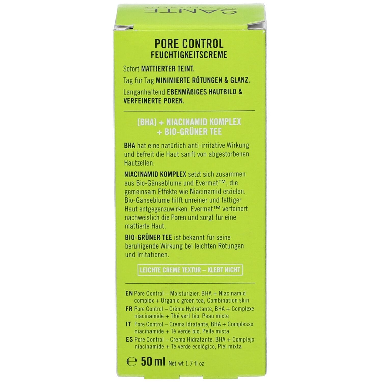 Zijkant van de doos. Tekst: PORE CONTROL, moisturizer. Ingrediënten, gebruik. 50 ml. Meertalige tekst.