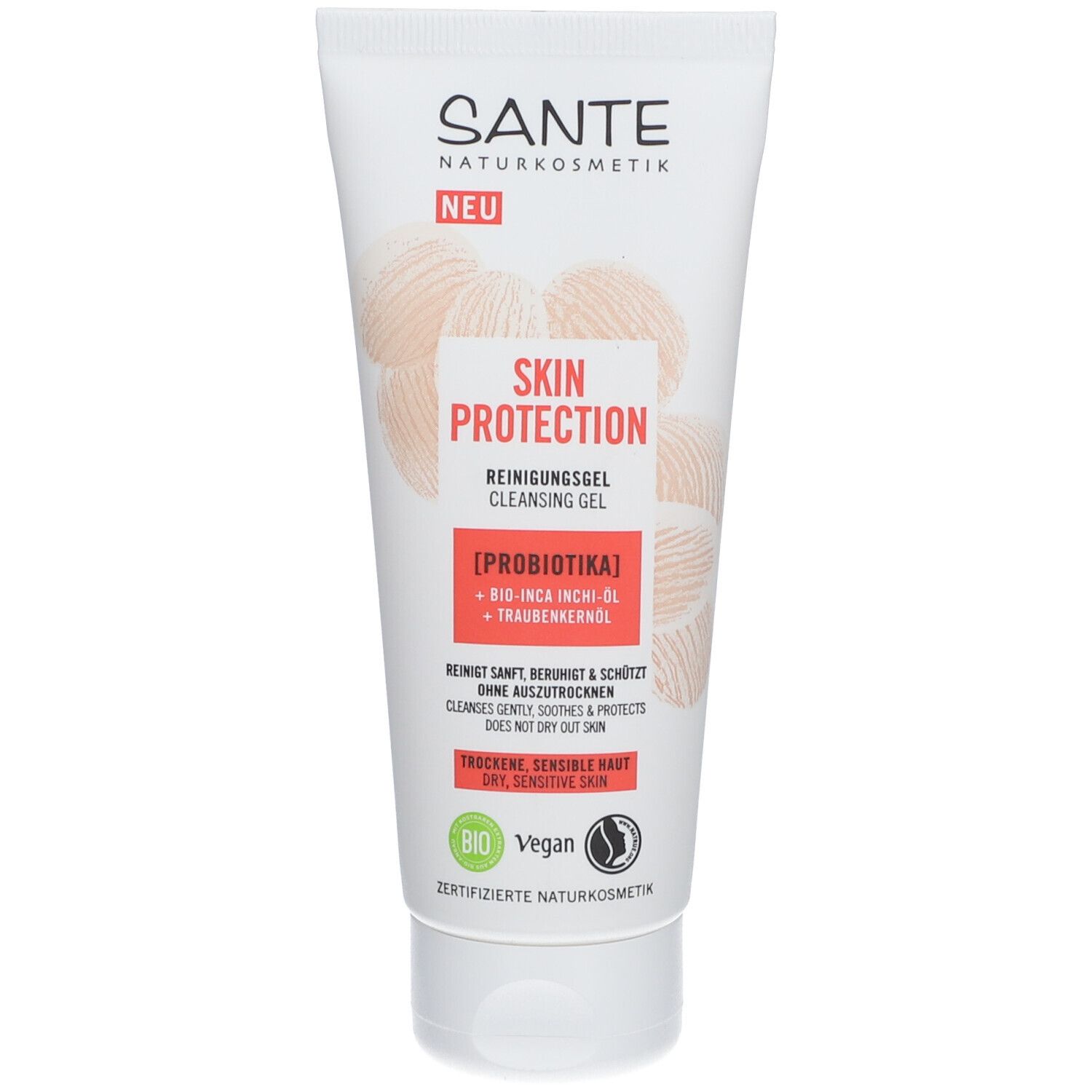 Witte tube met rode tekst SKIN PROTECTION Reinigungsgel. Logo SANTE Naturkosmetik. Bio- en Vegan-keurmerken.