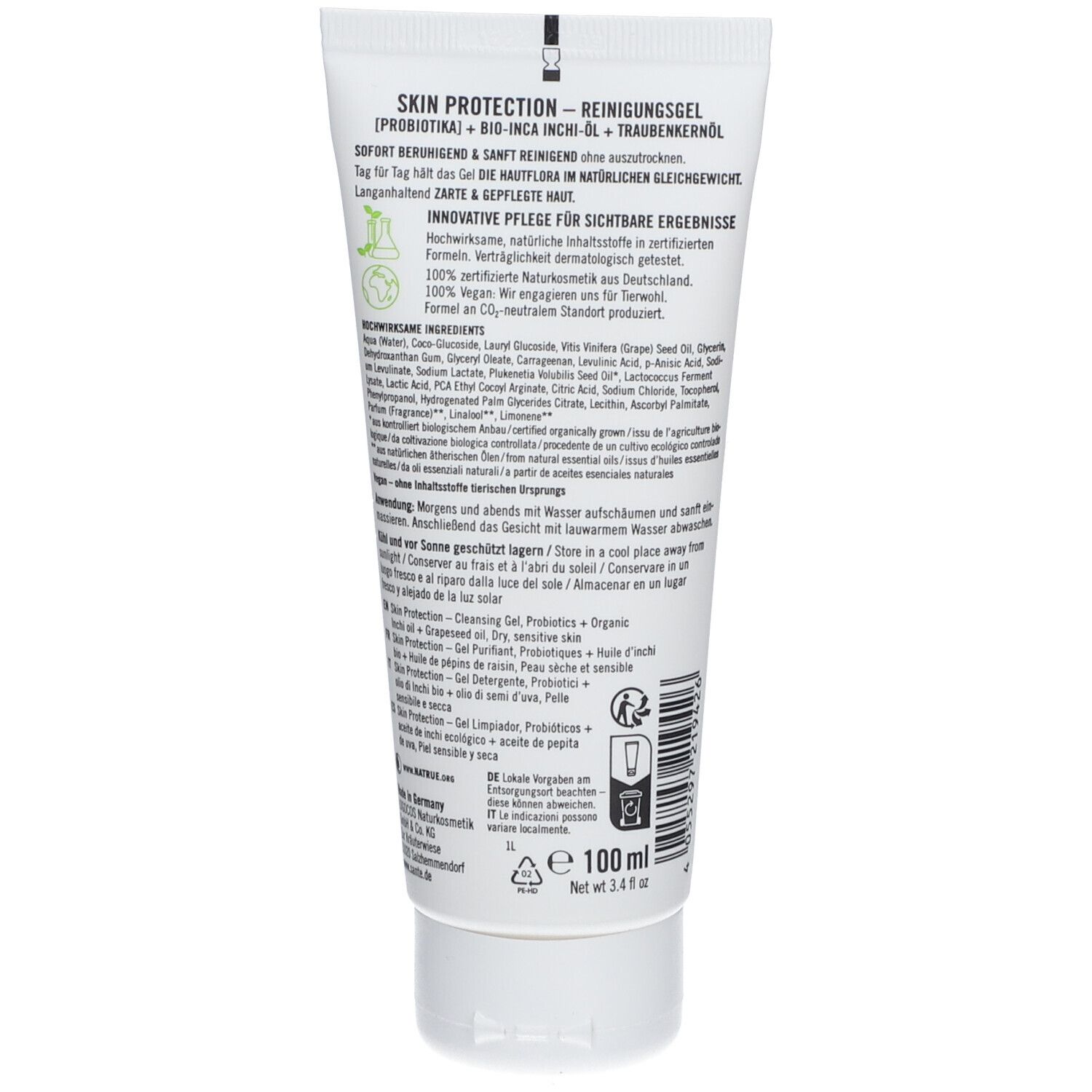 Achterkant van de witte tube. Tekst SKIN PROTECTION Reinigungsgel. Ingrediënten en gebruiksaanwijzing. 100 ml.