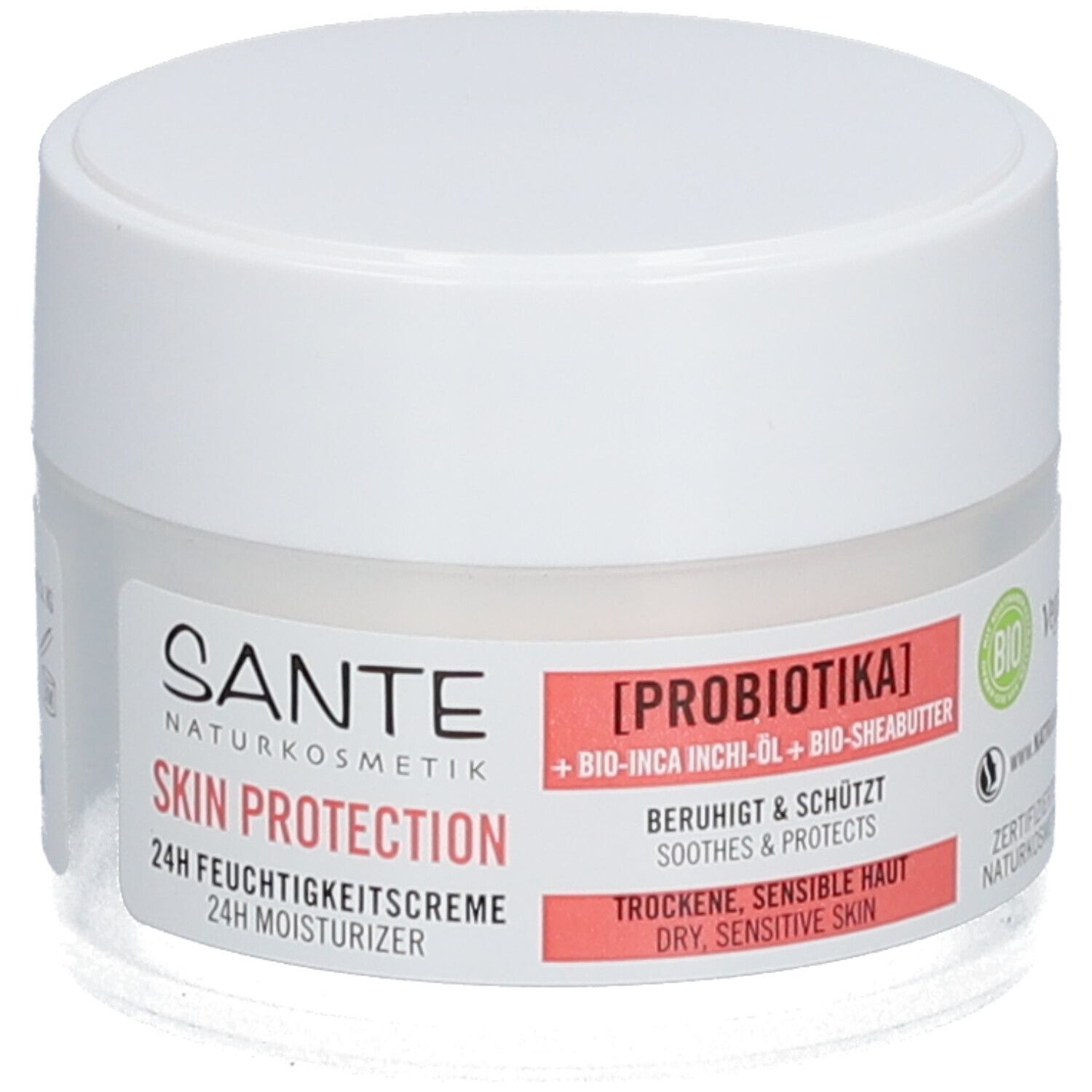 Pot de crème blanc avec couvercle. Étiquette avec nom du produit, ingrédients et certifications. Texte: 24h Crème hydratante.