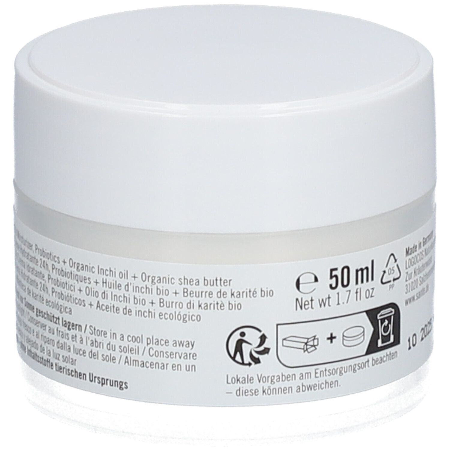 Pot de crème blanc avec couvercle. Dos avec ingrédients et instructions d'utilisation. Texte: 50 ml, ingrédients, utilisation.