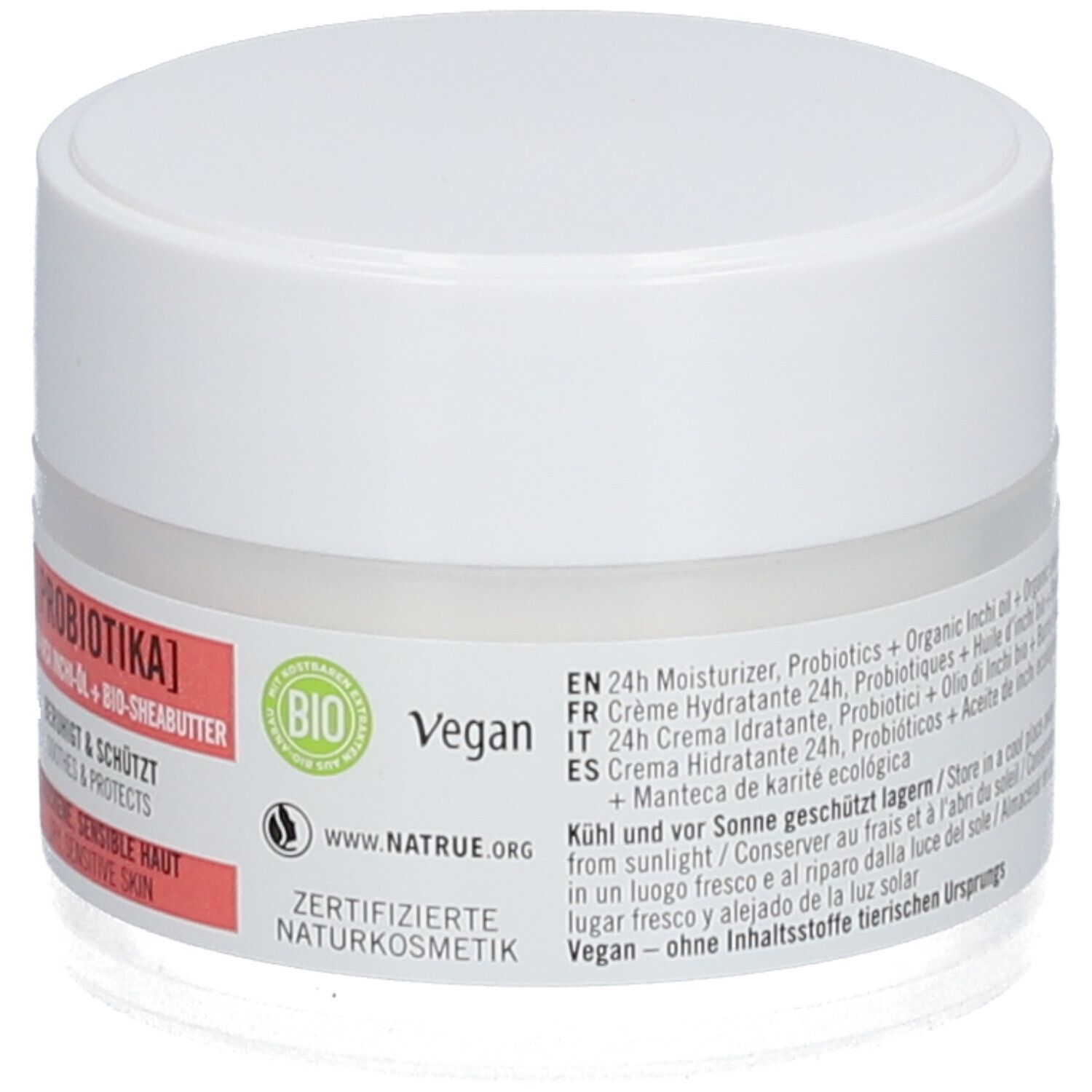 Pot de crème blanc avec couvercle. Étiquette avec informations produit, certifications et logo Vegan. Texte: 24h Crème hydratante.