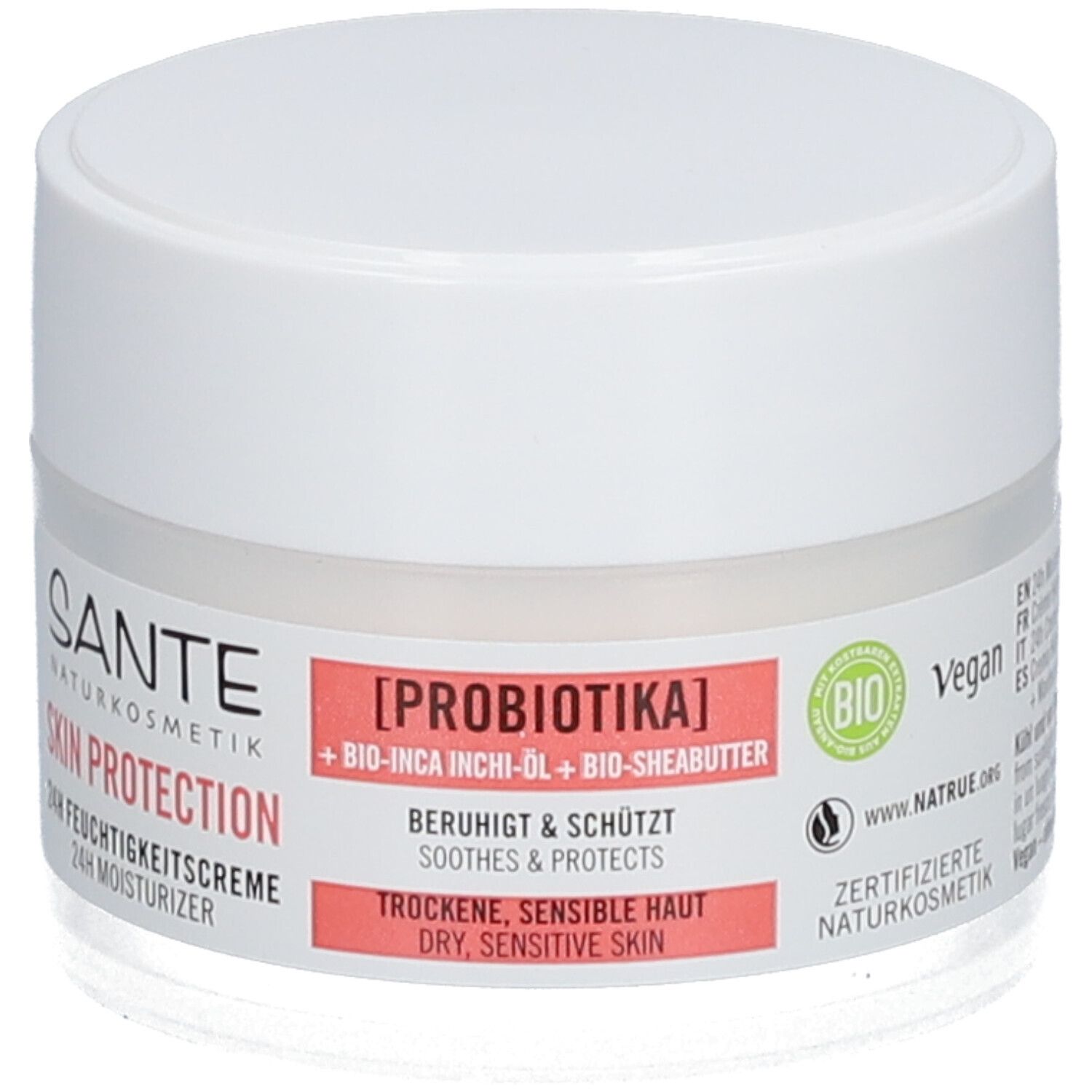 Pot de crème blanc avec couvercle. Étiquette avec nom du produit, ingrédients et certifications. Texte: 24h Crème hydratante.