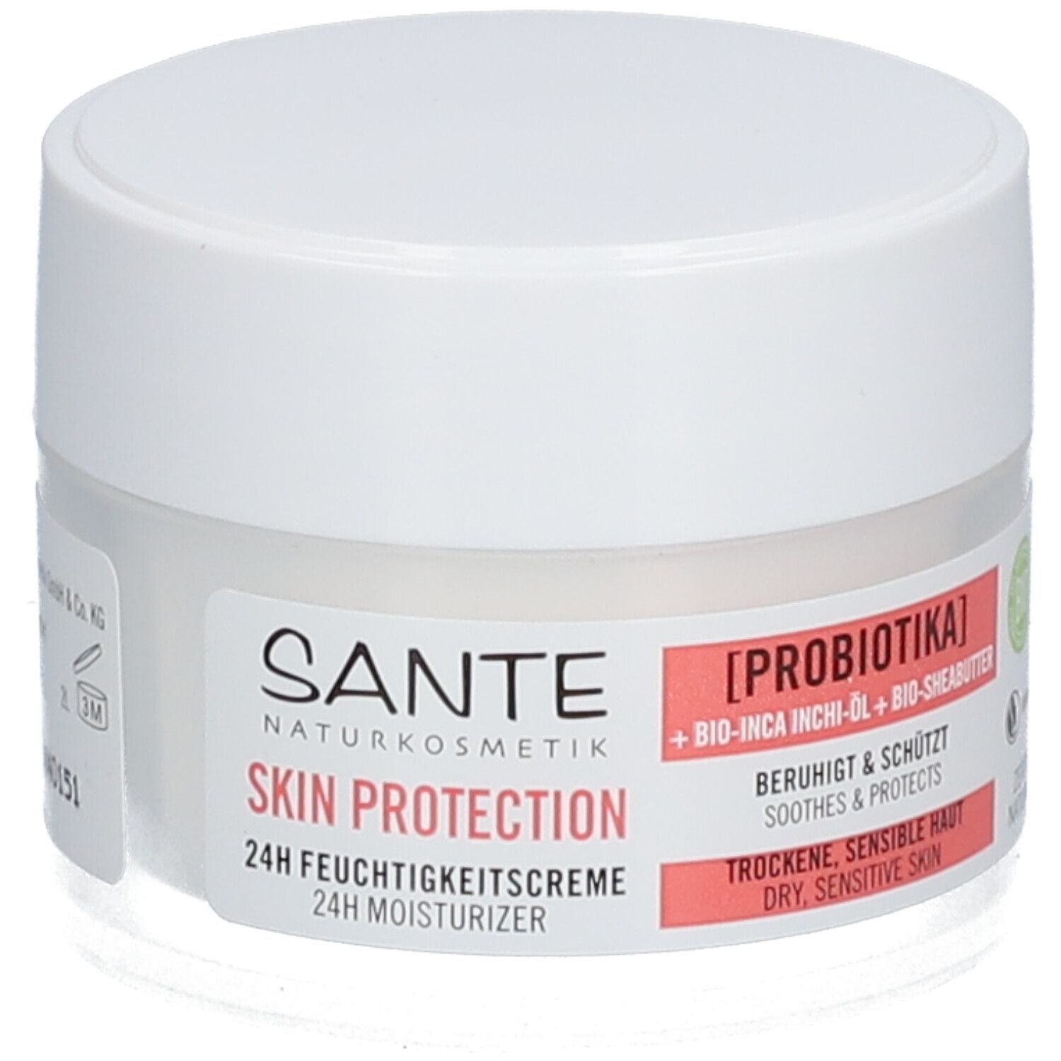 Pot de crème blanc avec couvercle. Étiquette avec nom du produit, ingrédients et certifications. Texte: 24h Crème hydratante.