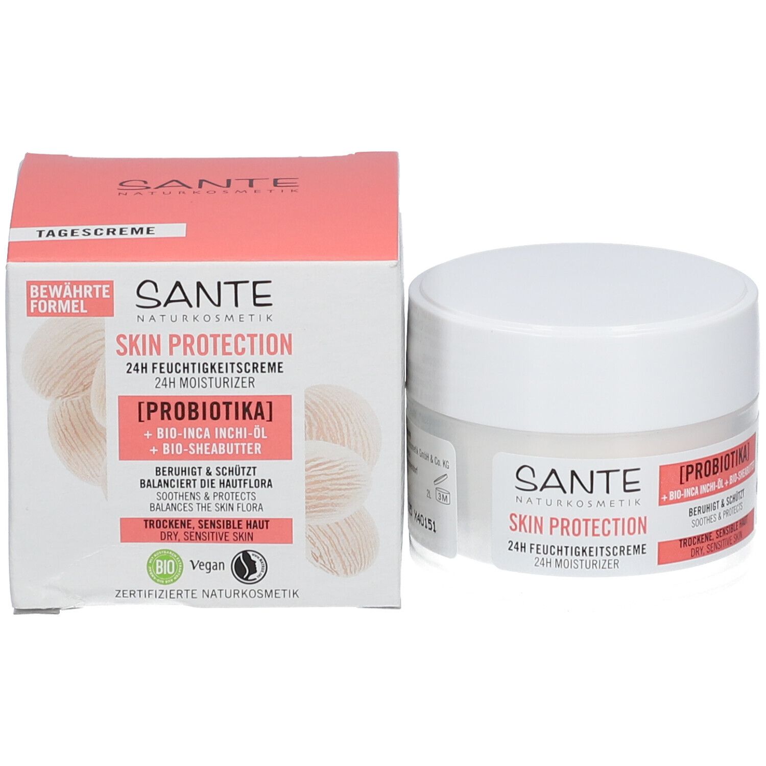 Pot de crème et emballage. Emballage avec nom du produit, ingrédients et certifications. Texte: 24h Crème hydratante.