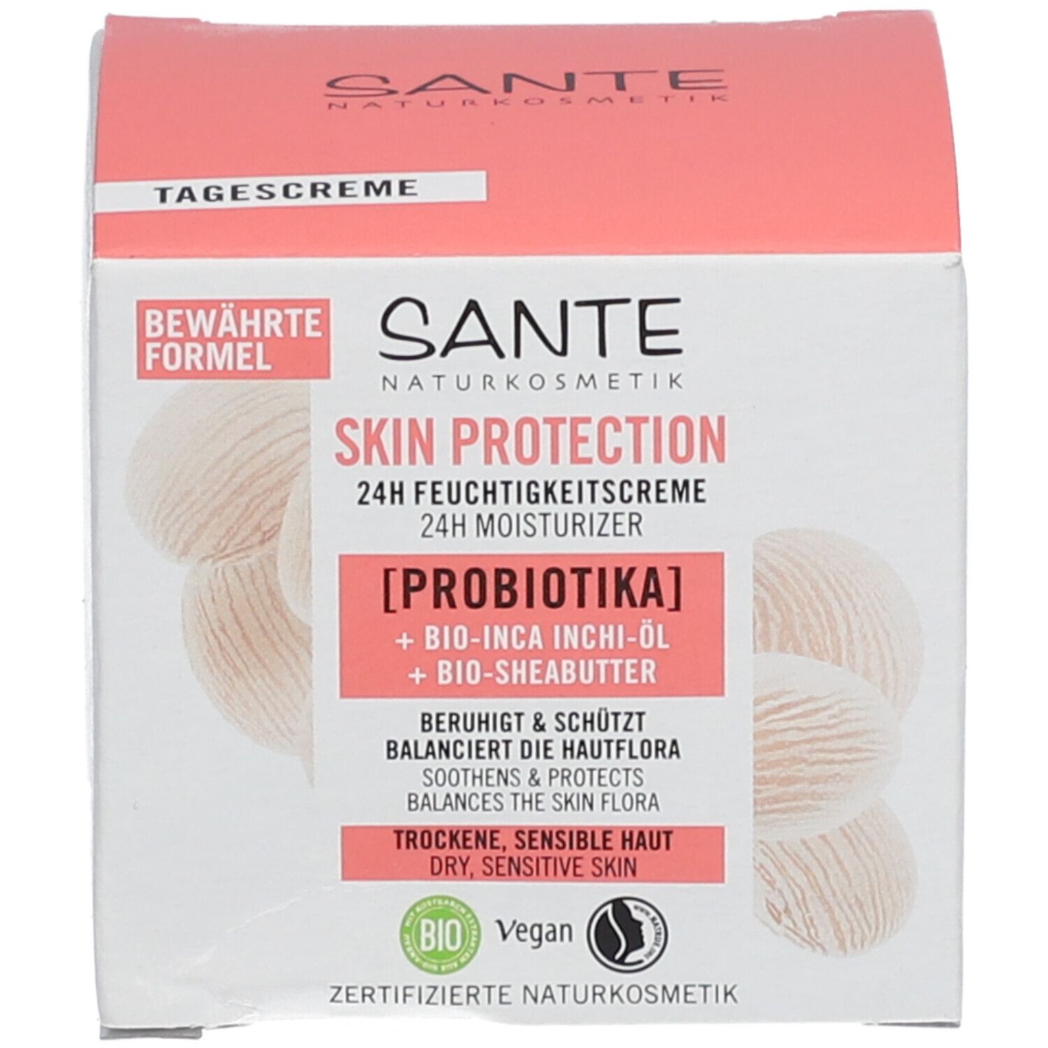 Emballage avec nom du produit, ingrédients et certifications. Texte: 24h Crème hydratante, crème de jour, bio, vegan.