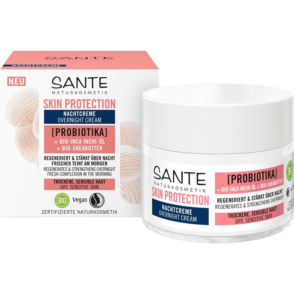 Pot de crème et emballage. Inscription : SANTE Skin Protection Crème de nuit. Avec probiotiques, huile Inca Inchi bio et beurre de karité bio. Peau sèche, sensible.