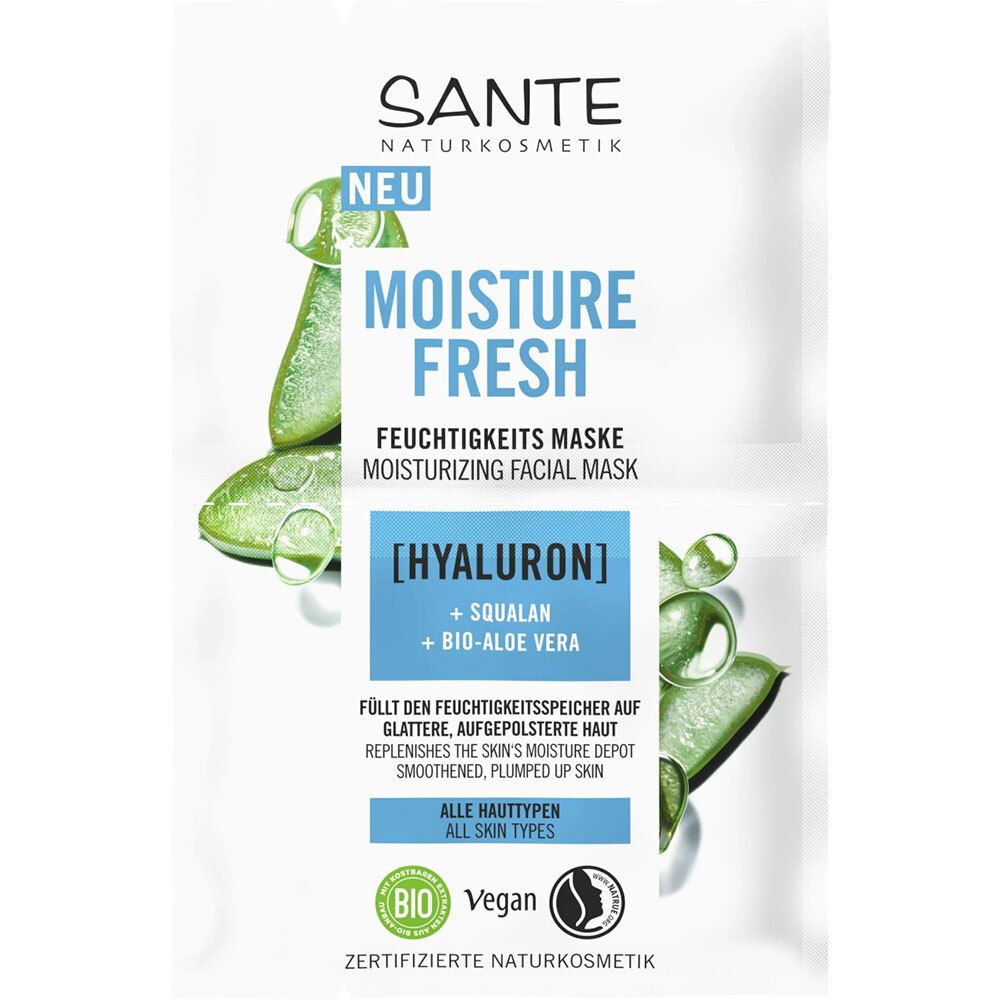 Vochtigheidsmasker met hyaluron. Witte verpakking met productnaam en ingrediënten. Illustratie van aloë vera.