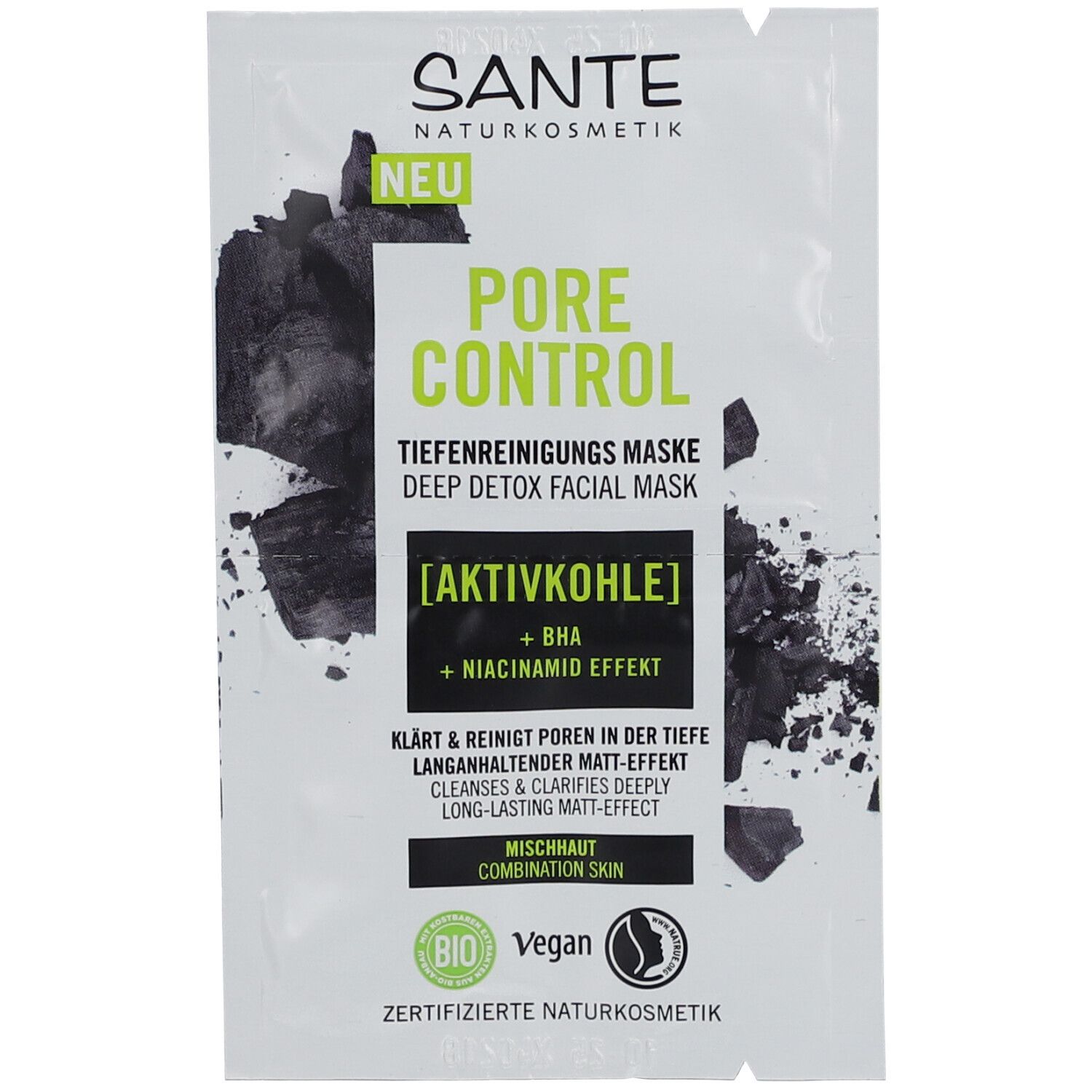 SANTE PORE CONTROL gezichtsmasker met actieve kool. Witte verpakking met productinfo en logo. Label "NEU".
