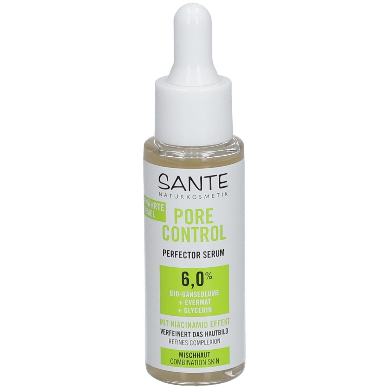 Serumfles met pipet. Opschrift: SANTE, PORE CONTROL, 6,0%, gemengde huid. Groen-wit etiket.